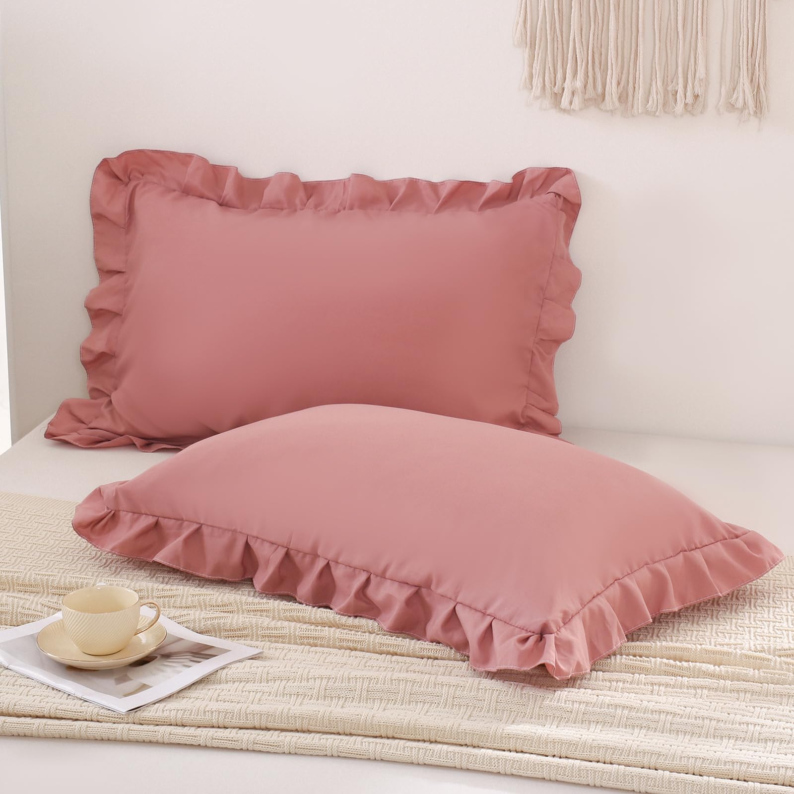 Pink Mocha Pillowcases King Pillowcases Ruffled Pillow Shams Set Of 2 Cute Pillowcases Solid Ruffled Fringe Design Pink Shabby C