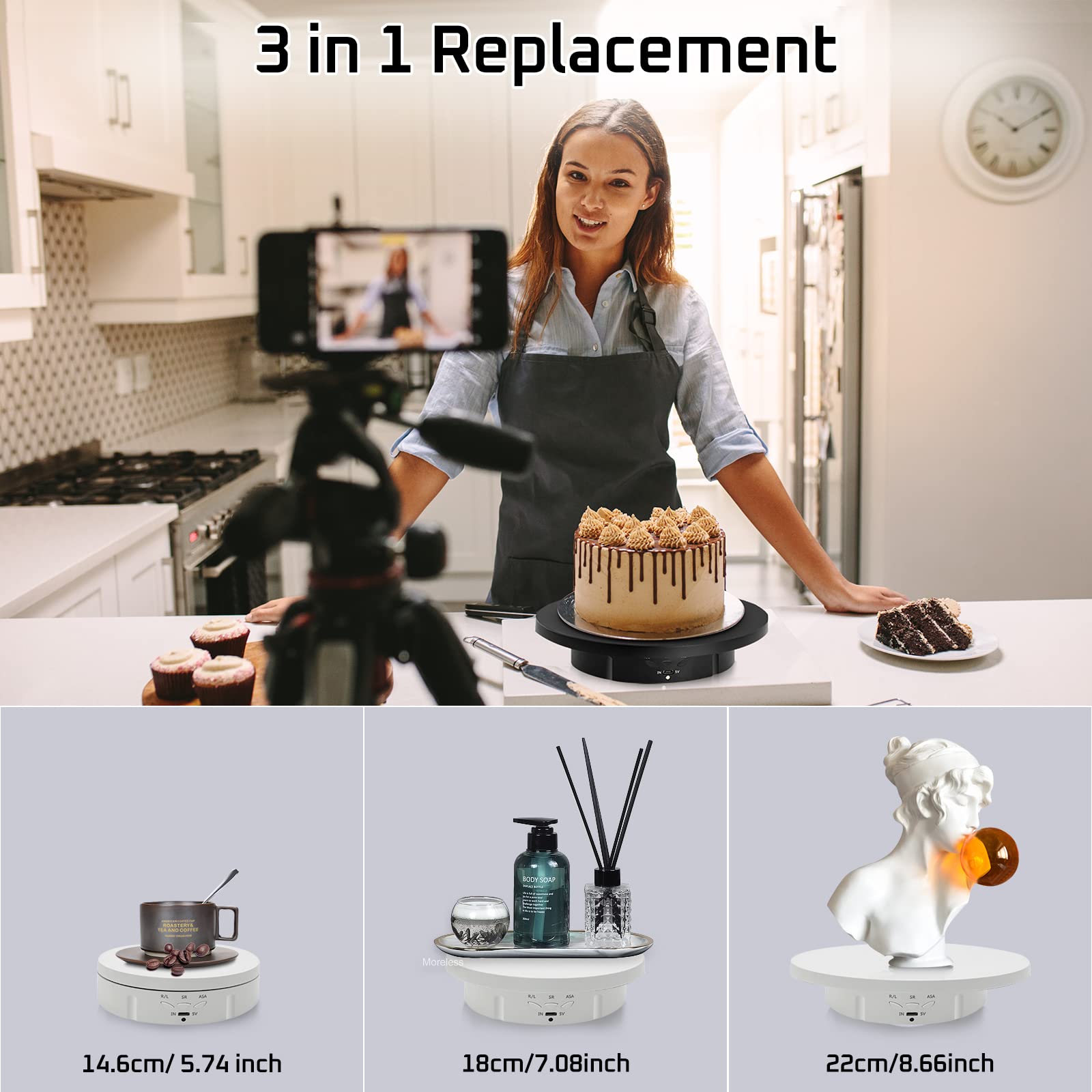 Jayegt 3In 1 Motorized Rotating Display Stand With 5.74/7.08/8.66 Inch Replacement Cover,Max 22Lbs Load, 360 Electronic Turntabl