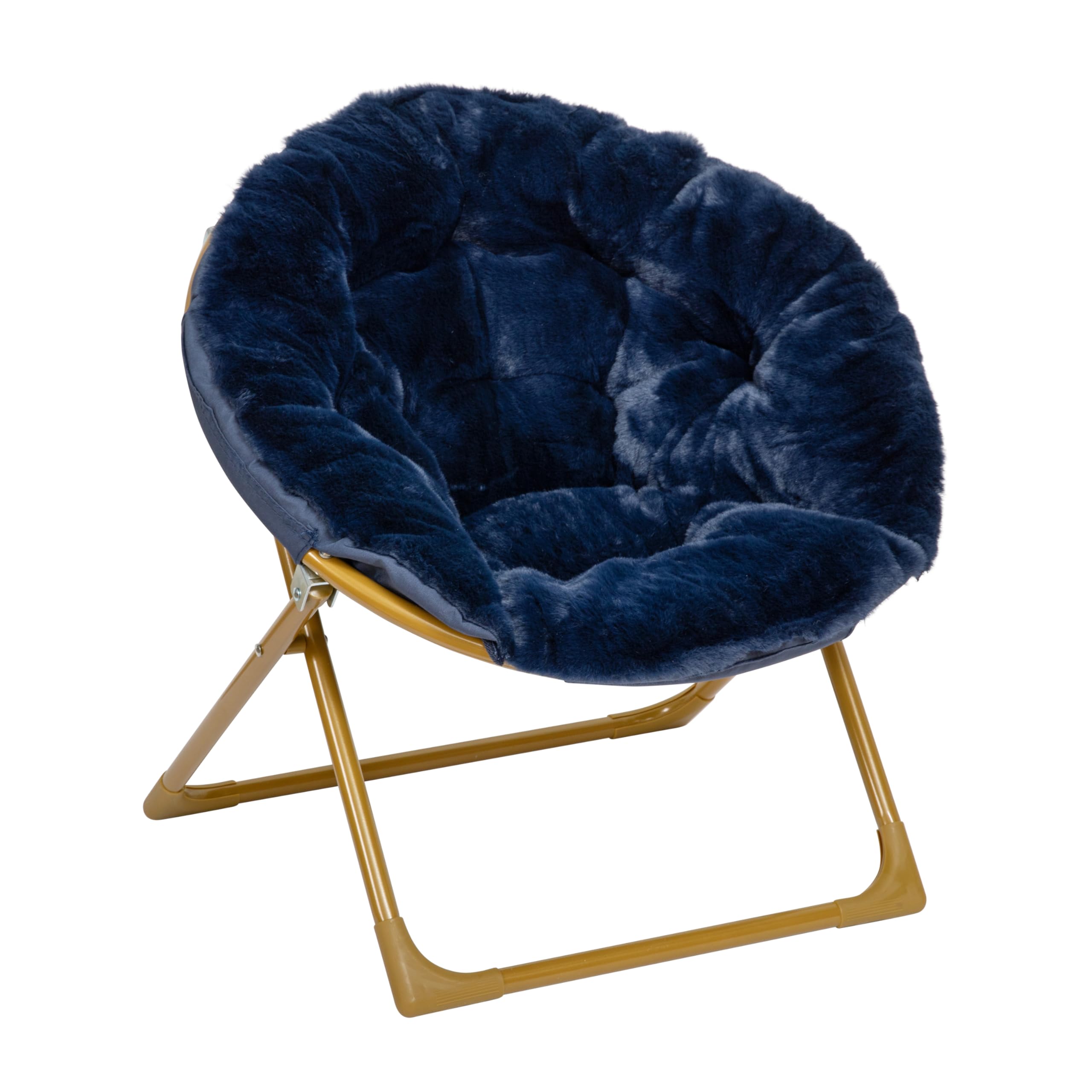 Flash Furniture Gwen Kids Cozy Mini Folding Saucer Chair - Navy Faux Fur Moon Chair - Soft Gold Metal Frame - 23' Portable Fold