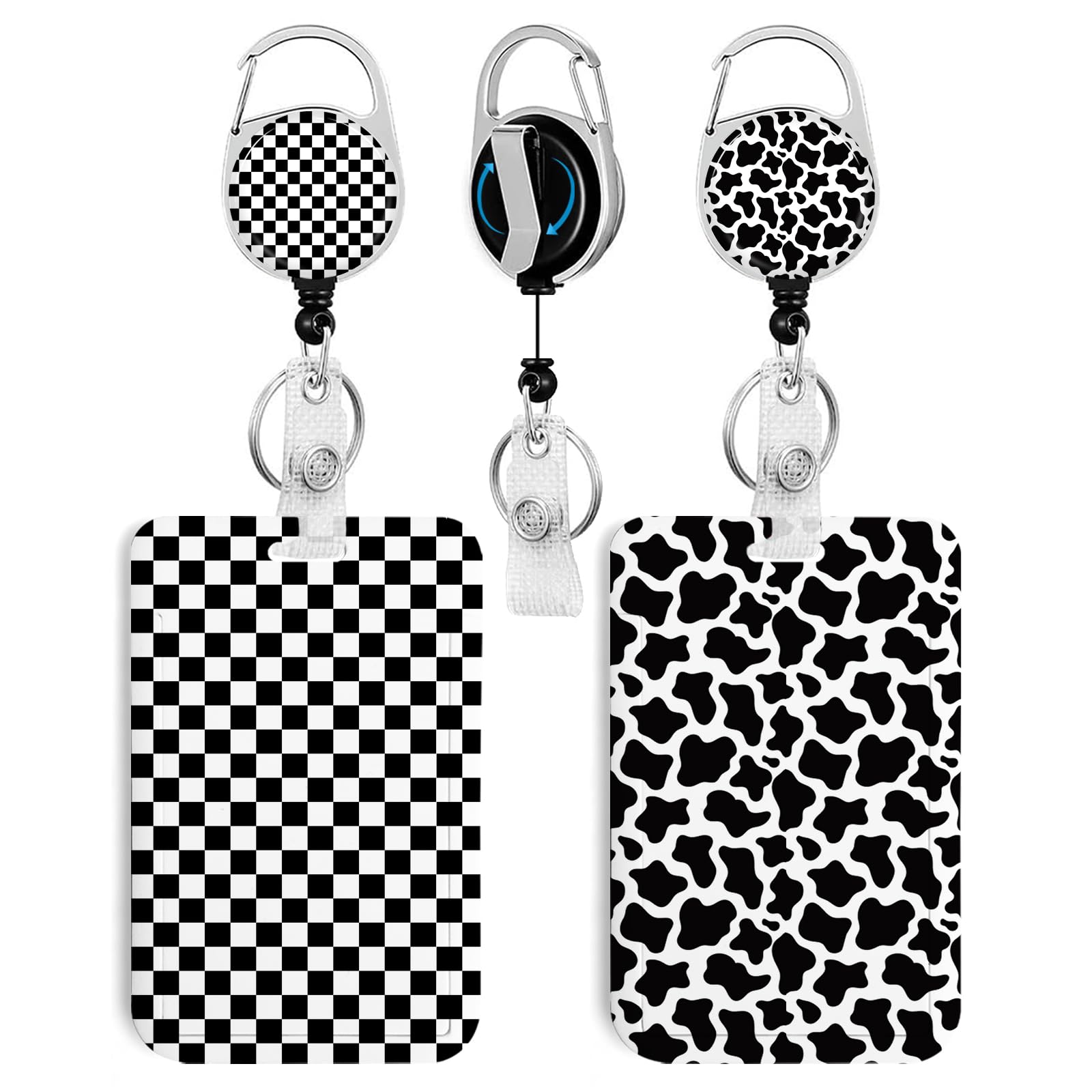 2 Pack Black And White Checkered&Cow Id Badge Holder With Clip Badge Reels Retractable Heavy Duty,Keychain,Id Holder For School