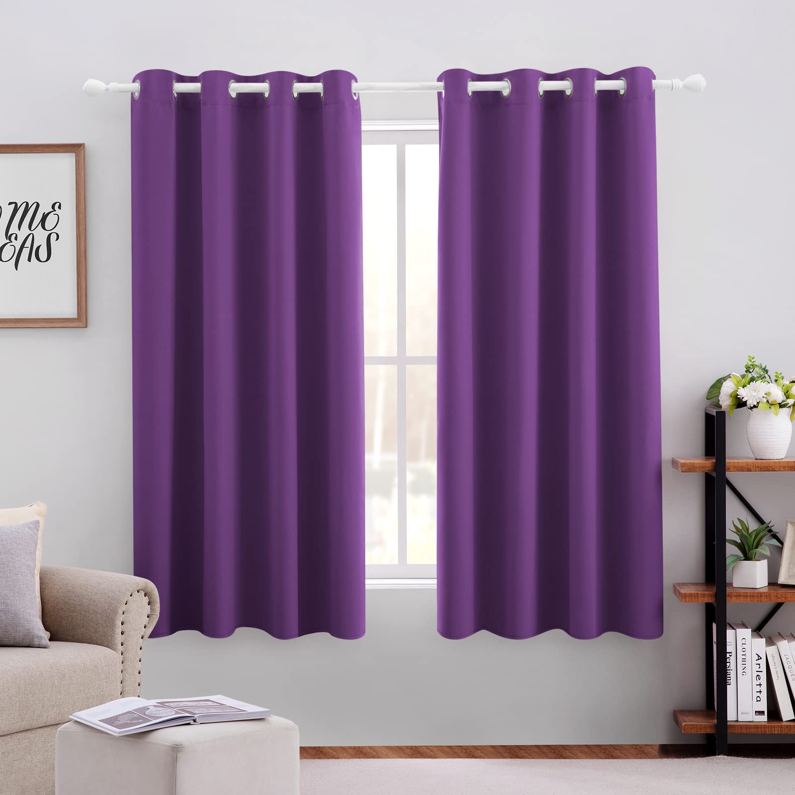 Homeideas Purple Blackout Curtains 52 X 63 Inch 2 Panels Room Darkening Curtains, Thermal Grommet Light Bolcking Curtains For Li