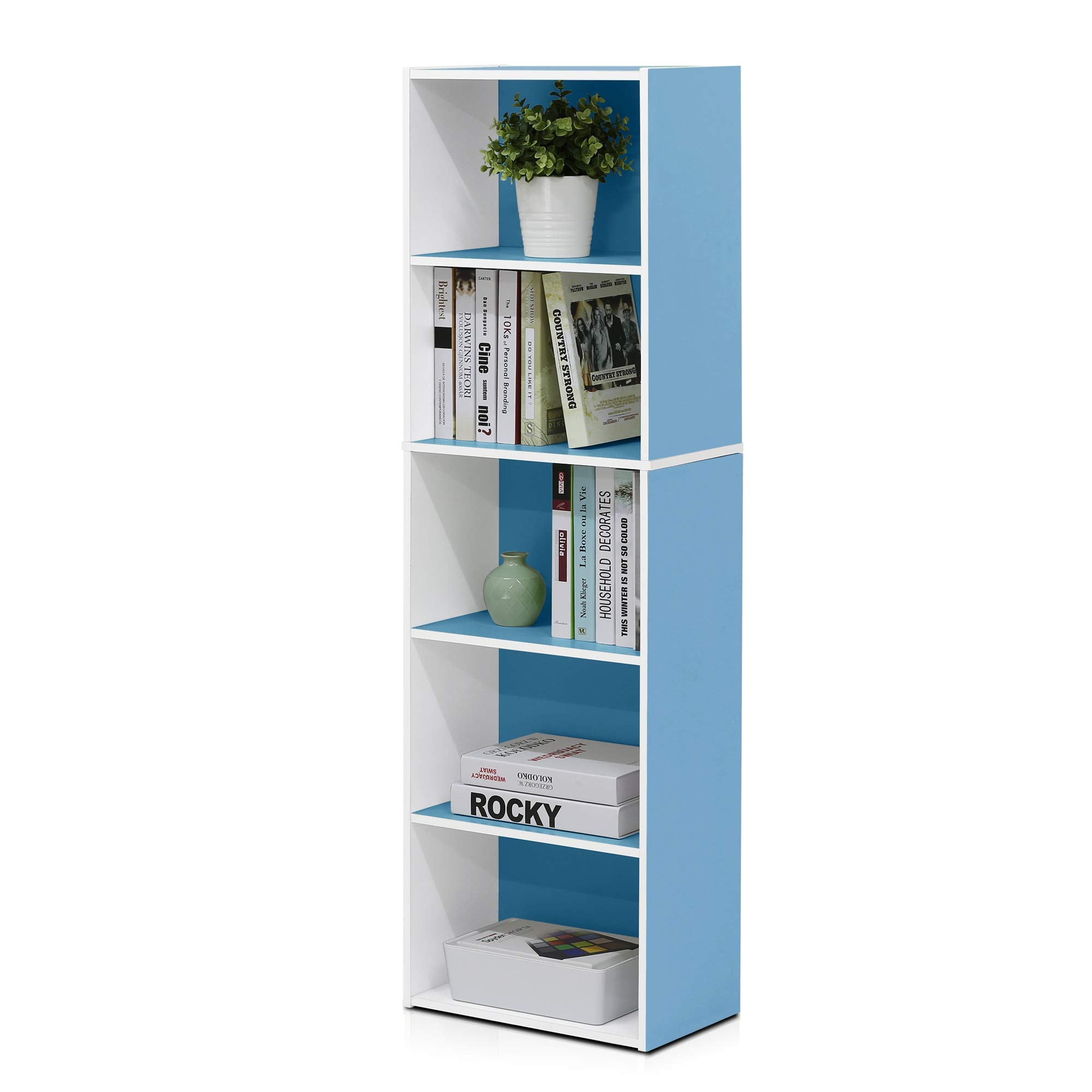 Furinno Luder Bookcase / Book / Storage , 5-Tier, White / Light Blue