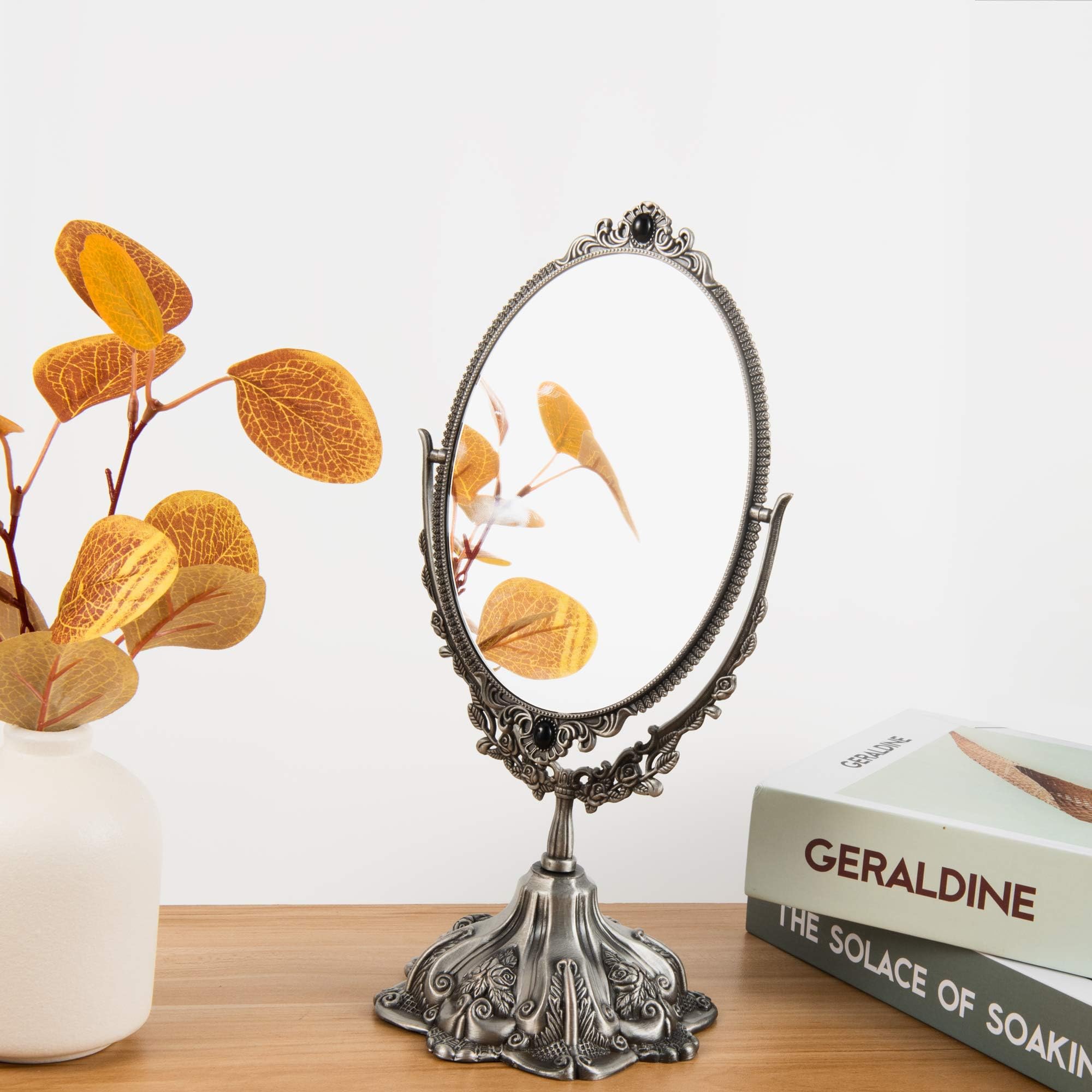 Feyarl Small Vintage Makeup Mirror Floral Tabletop Oval Vanity Mirror With Stand Dressing Room Swivel Double Sided Elegant Decor