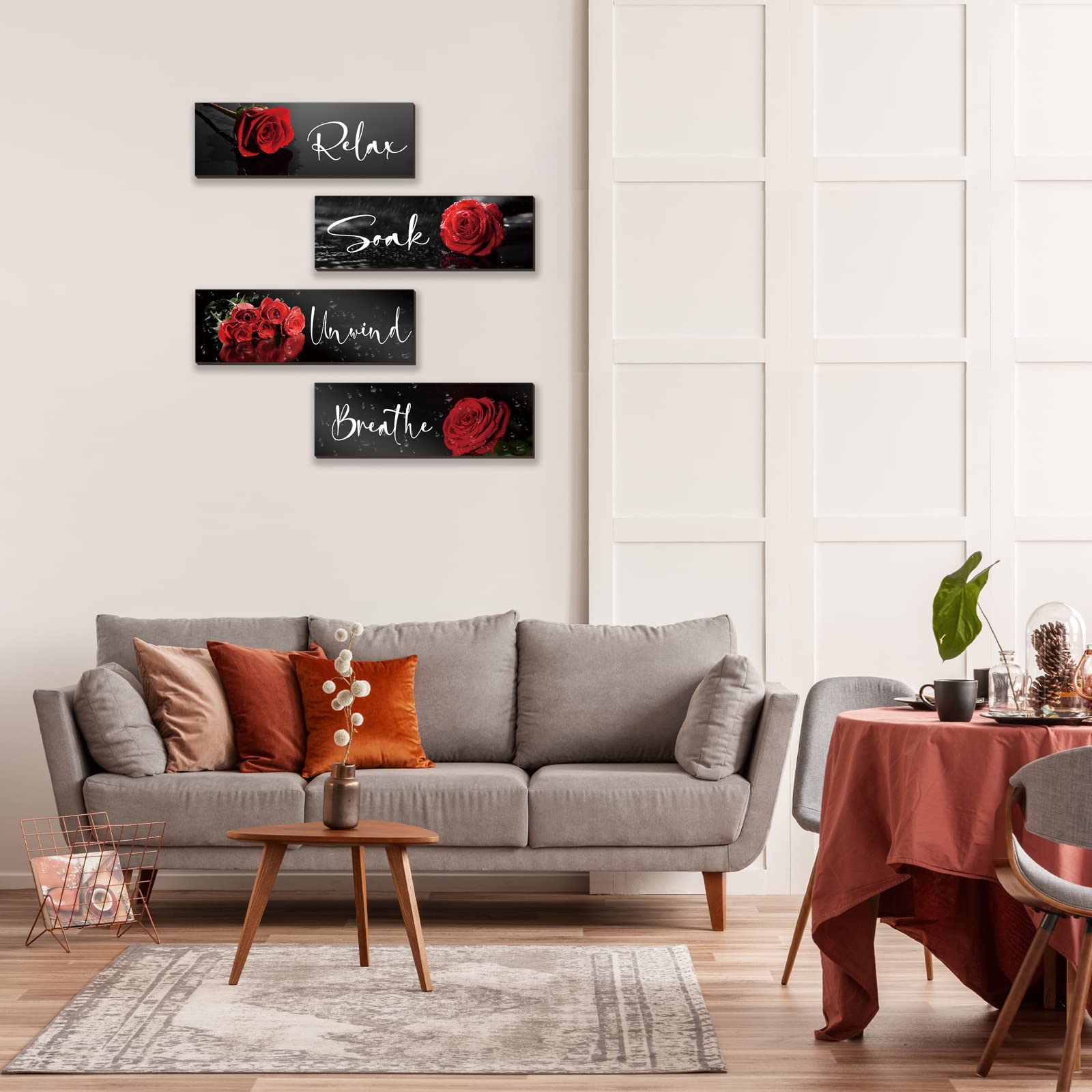 4 Pieces Red Rose Bathroom Wall Decors Flower Restroom Red Decor Relax Soak Unwind Breathe Red Wall Art Farmhouse Red Bathroom D