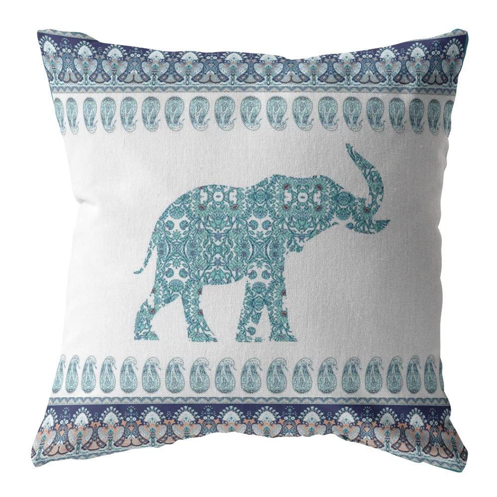 HomeRoots Blue Broadcloth 18â€ Teal Ornate Elephant Indoor Outdoor Zippered Throw Pillow