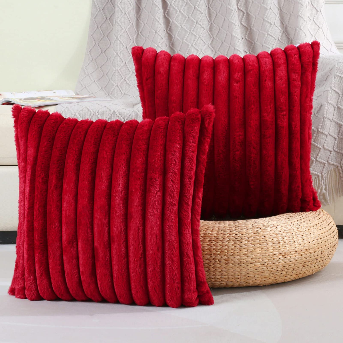 Futei Burgundy Striped Decorative Throw Pillow Covers 16X16 Inch Set Of 2,Wine Red Square Winter Decorations Couch Pillow Case,S