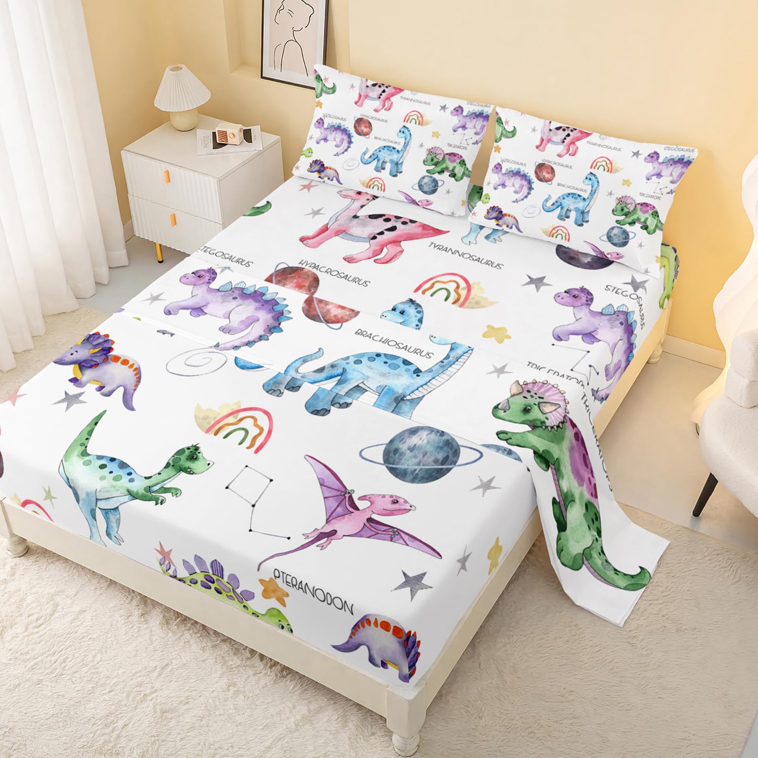 CVHOUSE Dinosaur Fitted Sheet Twin Size,Dinosaur Bedding Set,Dinosaur Bed Sheet Set for Kids Teens,1 Flat Sheet & 1 Fitted Sheet
