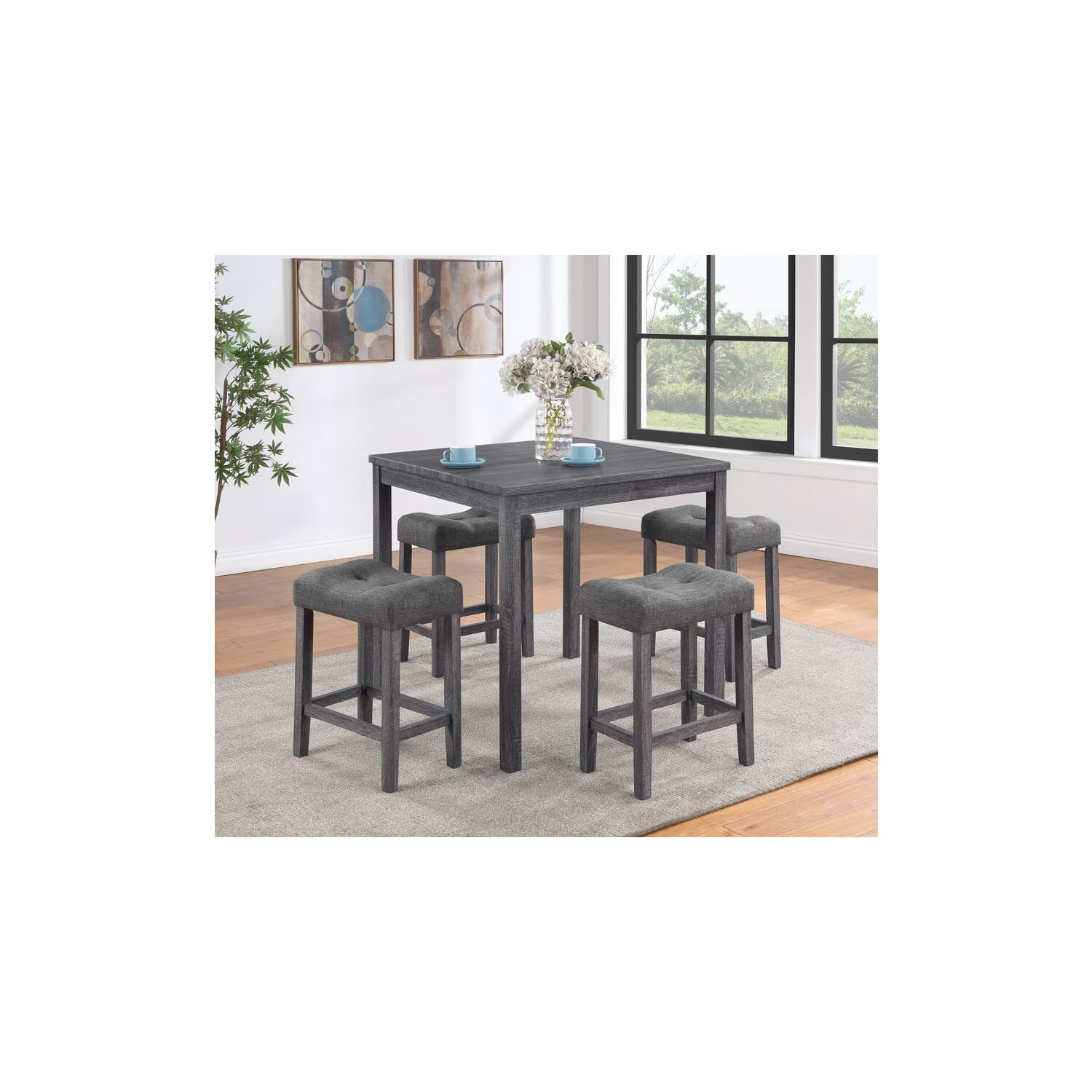 Lilola Home Lucian Gray 5 Piece Counter Height 36' Pub Table Set with Tufted Gray Linen Stools
