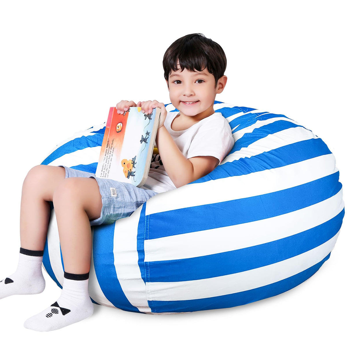 Lukeight Stuffed Animal Storage Bean Bag Chair Cover For Kids, Zipper Beanbag Chair Cover For Organizing Toddler And Kids' Rooms Plush Toys (Blue+White Velvet, Large)