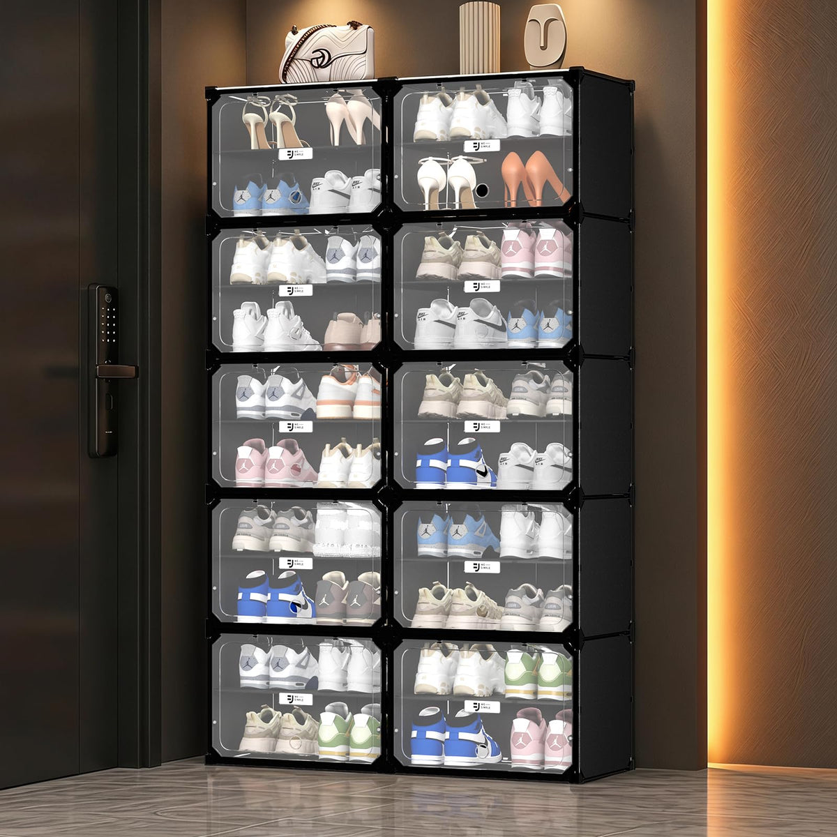 Black 10 Tier Large Modular Shoe Storage Cabinet with Magnetic Doors