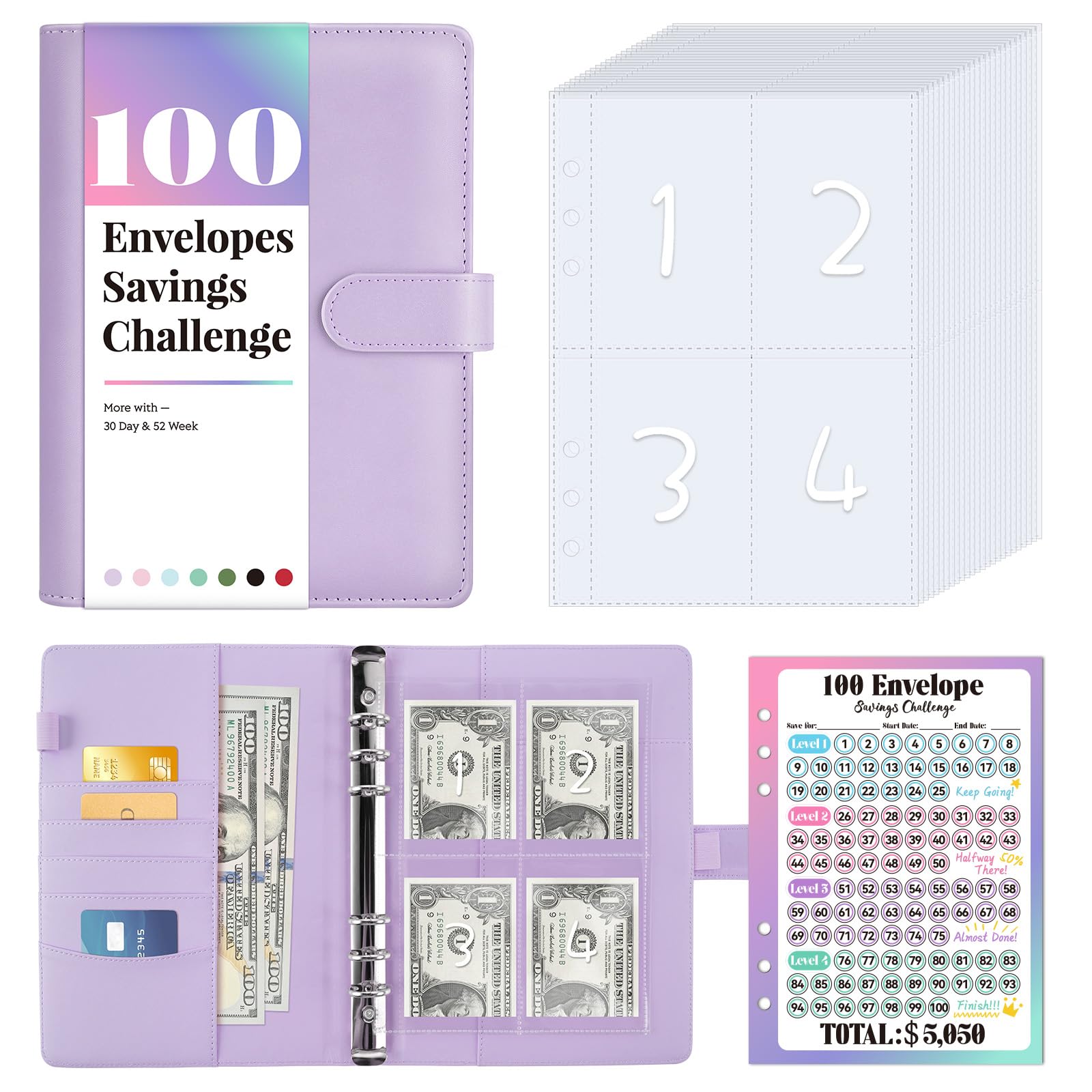 Sooez 100 Envelopes Money Saving Challenge, Savings Challenges Book With Envelopes, Flexible Saving $5050, $2600, $300, Savings