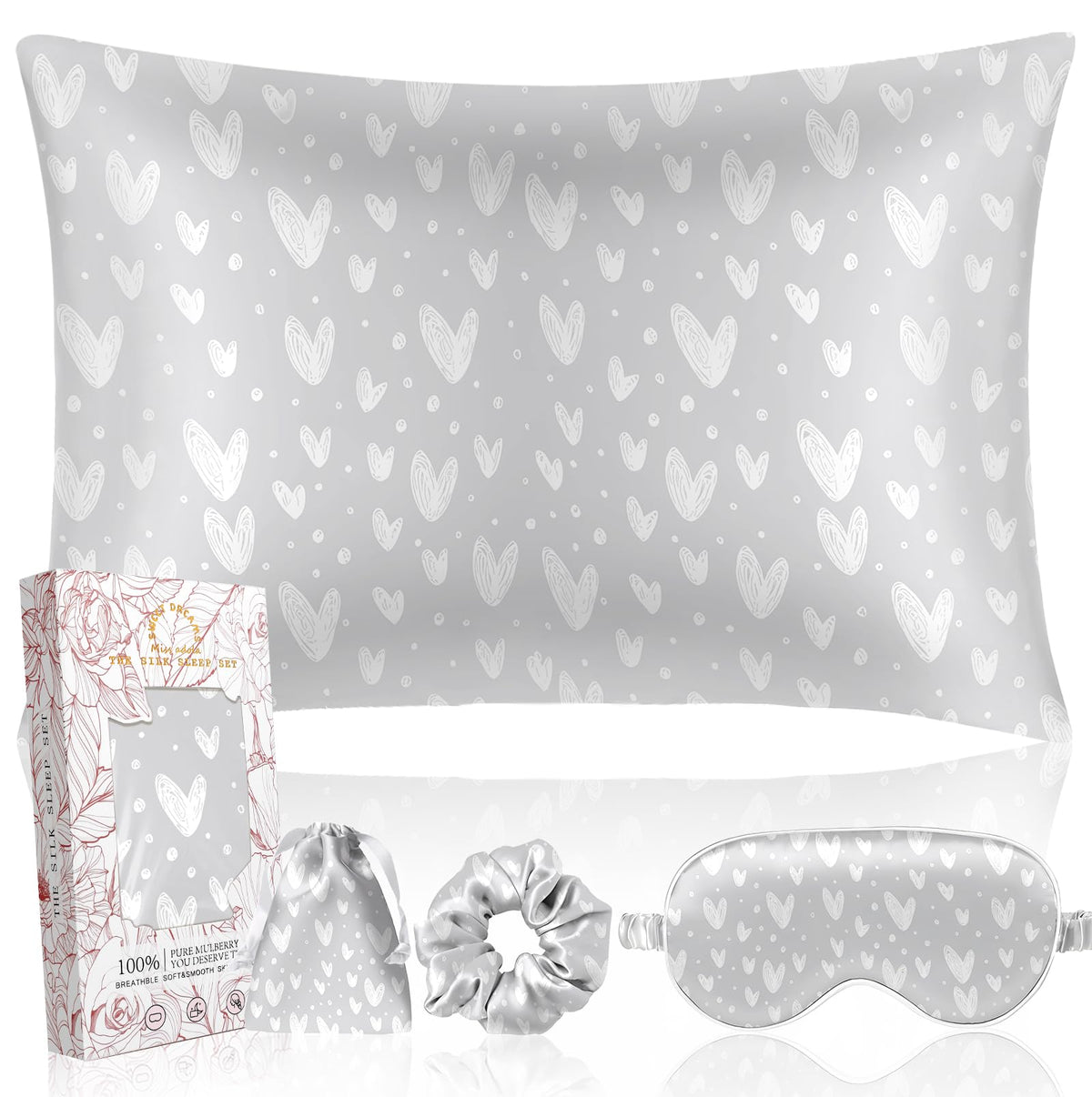 Miss Adola Mulberry Silk Pillow Case For Hair And Skin 19 Momme Queen 30'X20' Grey Silk Pillowcase With Eye Mask & Scrunchie S