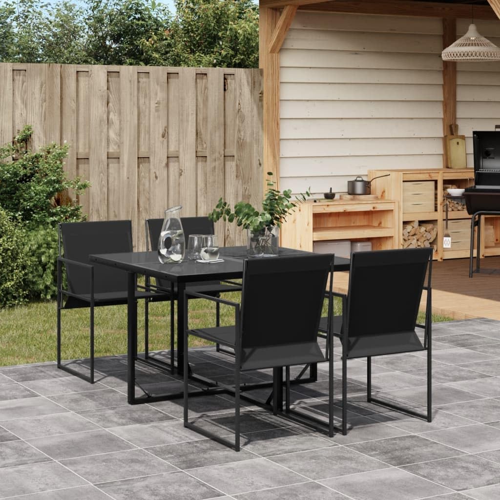 vidaXL Patio Dining Set - 5-Piece Outdoor Table and Chairs with Foldable Seats, Tempered Glass Top, UV-Resistant Textilene Fabric, Black for Garden, Backyard, Patio, Deck