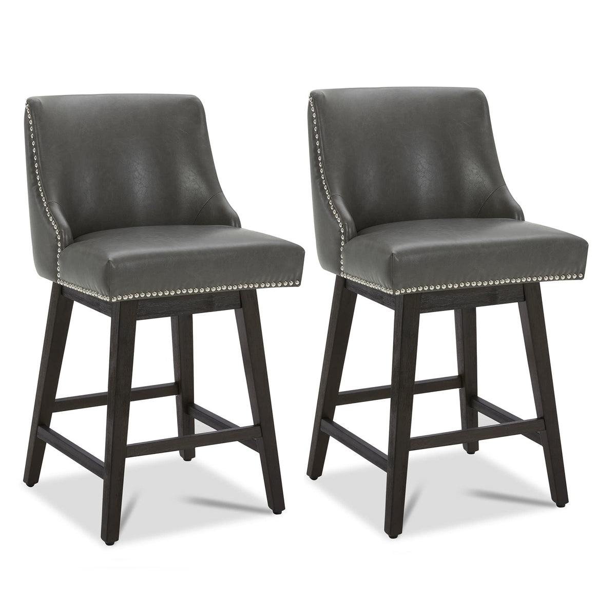 Chita Counter Height Swivel Barstools, Fsc Certified 26' H Seat Height Upholstered Bar Stools Set Of 2, Faux Leather In Retro Grey