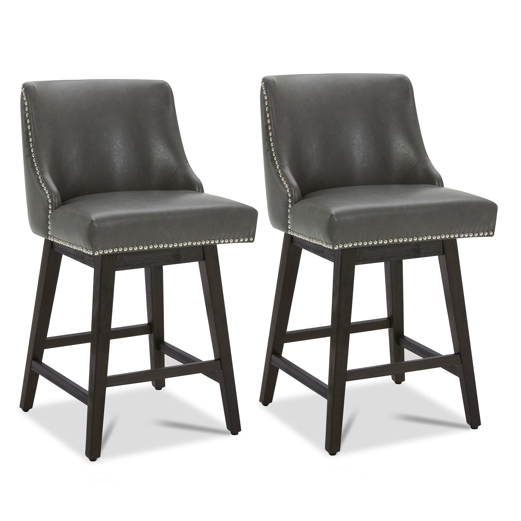 Chita Counter Height Swivel Barstools, Fsc Certified 26' H Seat Height Upholstered Bar Stools Set Of 2, Faux Leather In Retro Grey