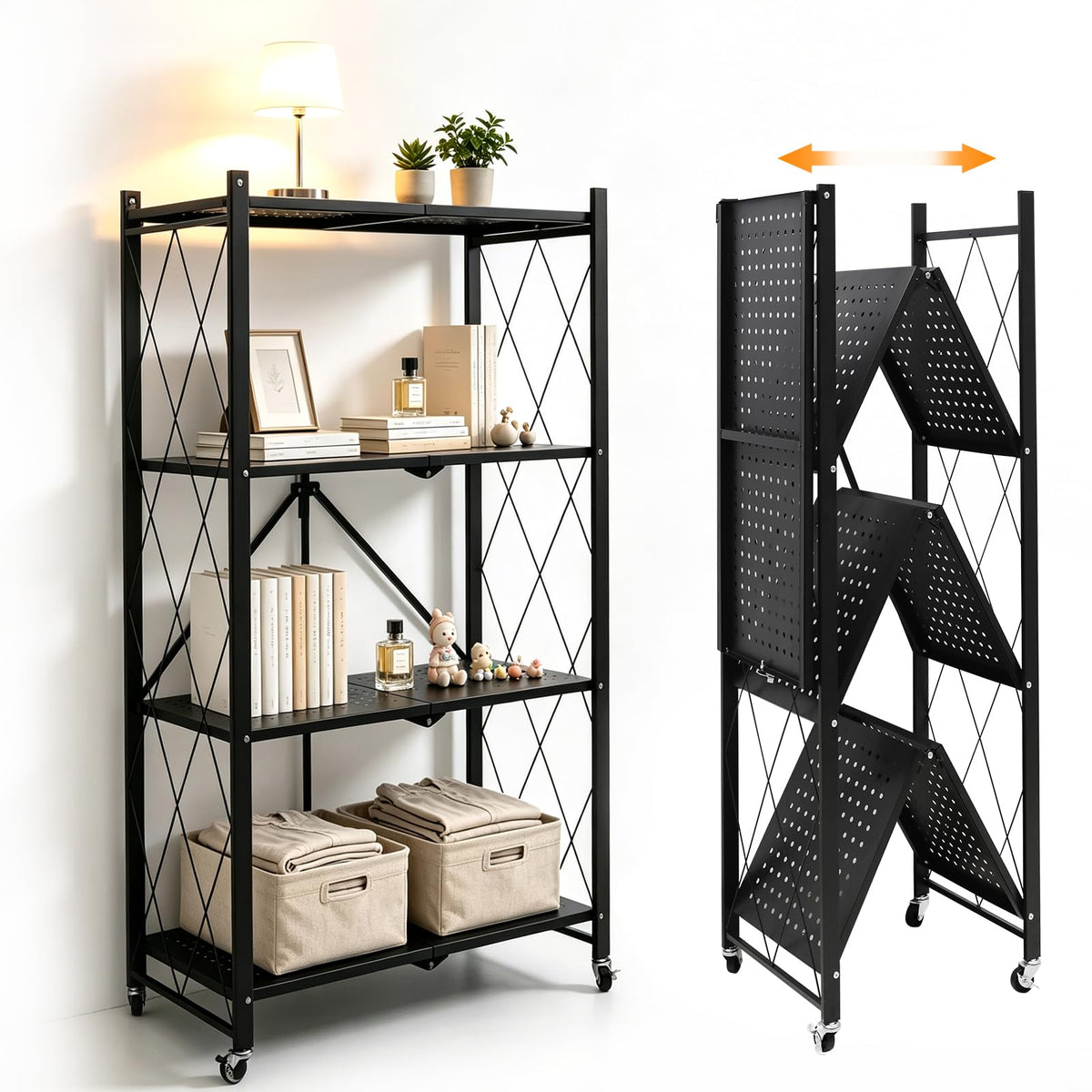 Lpnyyuhsb 4 Tier Foldable Storage Shelf with Wheels No Assembly Metal Rack