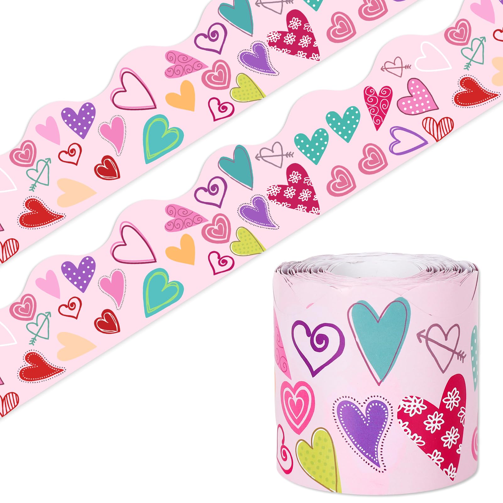 Whaline 65Ft Valentine'S Day Bulletin Board Border Love Heart Scalloped Die Cut Border Trim Roll For Home Classroom Party Wall D