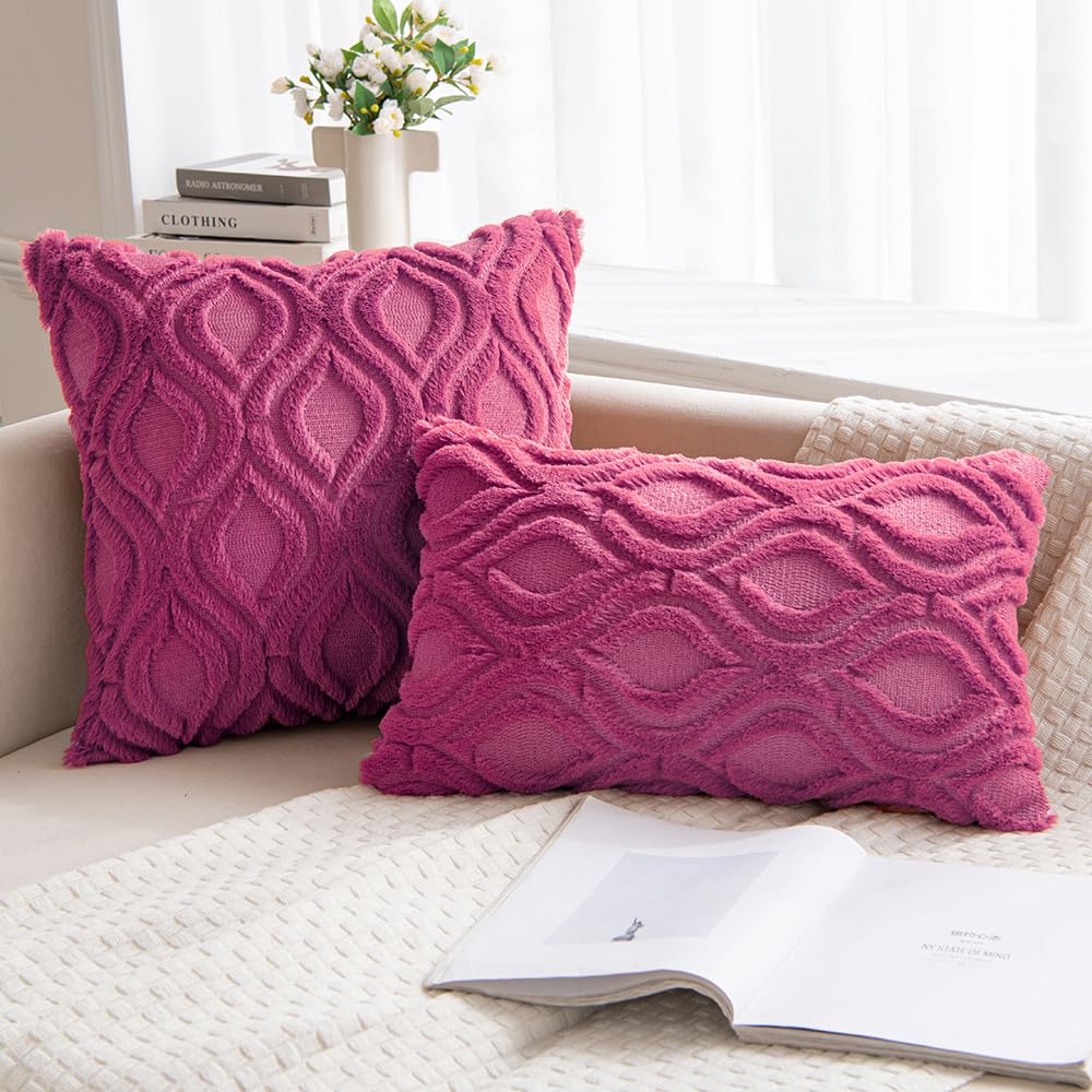 Miulee Hot Pink Throw Pillow Covers 18X18 Inch, Soft Winter Plush Faux Wool Couch Pillow Covers Set Of 2 Decorative Farmhouse Boho Throw Pillows For Sofa Living Room Bed