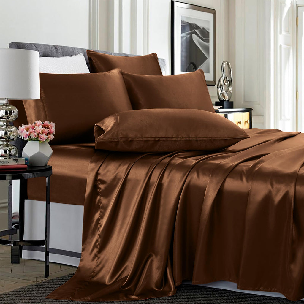 TREELY 6 Piece Satin Sheets Queen Size Silky Smooth Brown Satin Sheet Set with Deep Pocket, Satin Fitted Sheet, Flat Sheet, 4 Sa