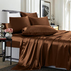 TREELY 6 Piece Satin Sheets Full Size Silky Smooth Brown Satin Sheet Set with Deep Pocket, Satin Fitted Sheet, Flat Sheet, 4 Sat