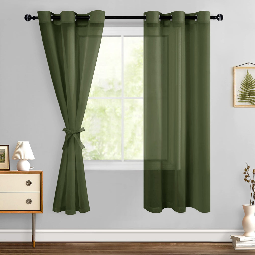 Hiasan Sheer Curtains For Living Room With Tiebacks, Light Filtering Airy Voile Drapes Lightweight Window Curtains For Bedroom, Nursery, Olive Green, W42 X L63, Set Of 2 Soft Textured Panels