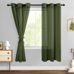 Hiasan Sheer Curtains For Living Room With Tiebacks, Light Filtering Airy Voile Drapes Lightweight Window Curtains For Bedroom, Nursery, Olive Green, W42 X L63, Set Of 2 Soft Textured Panels