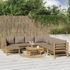 vidaXL 9-Piece Bamboo Patio Furniture Set with Taupe Cushions – Modular Sectional Sofa for Garden, Patio, Deck with Table