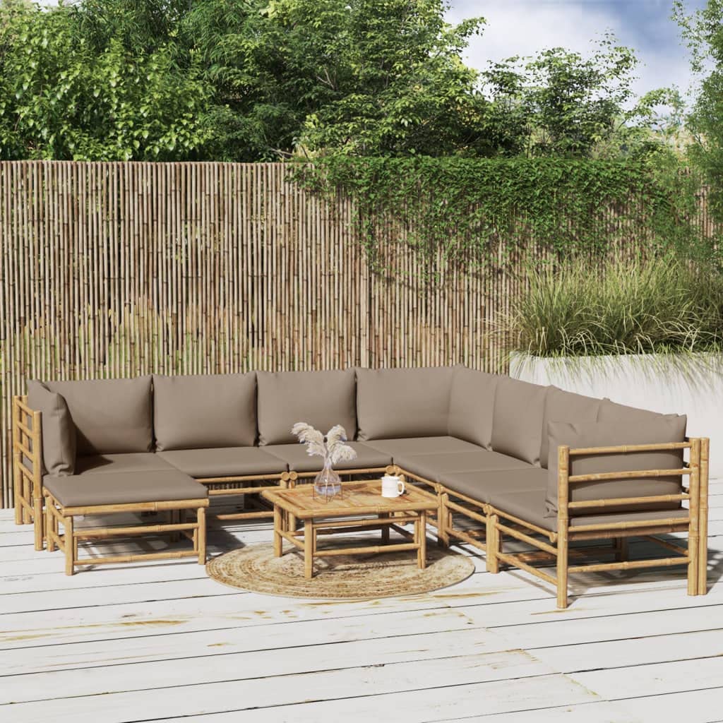 vidaXL 9-Piece Bamboo Patio Furniture Set with Taupe Cushions – Modular Sectional Sofa for Garden, Patio, Deck with Table