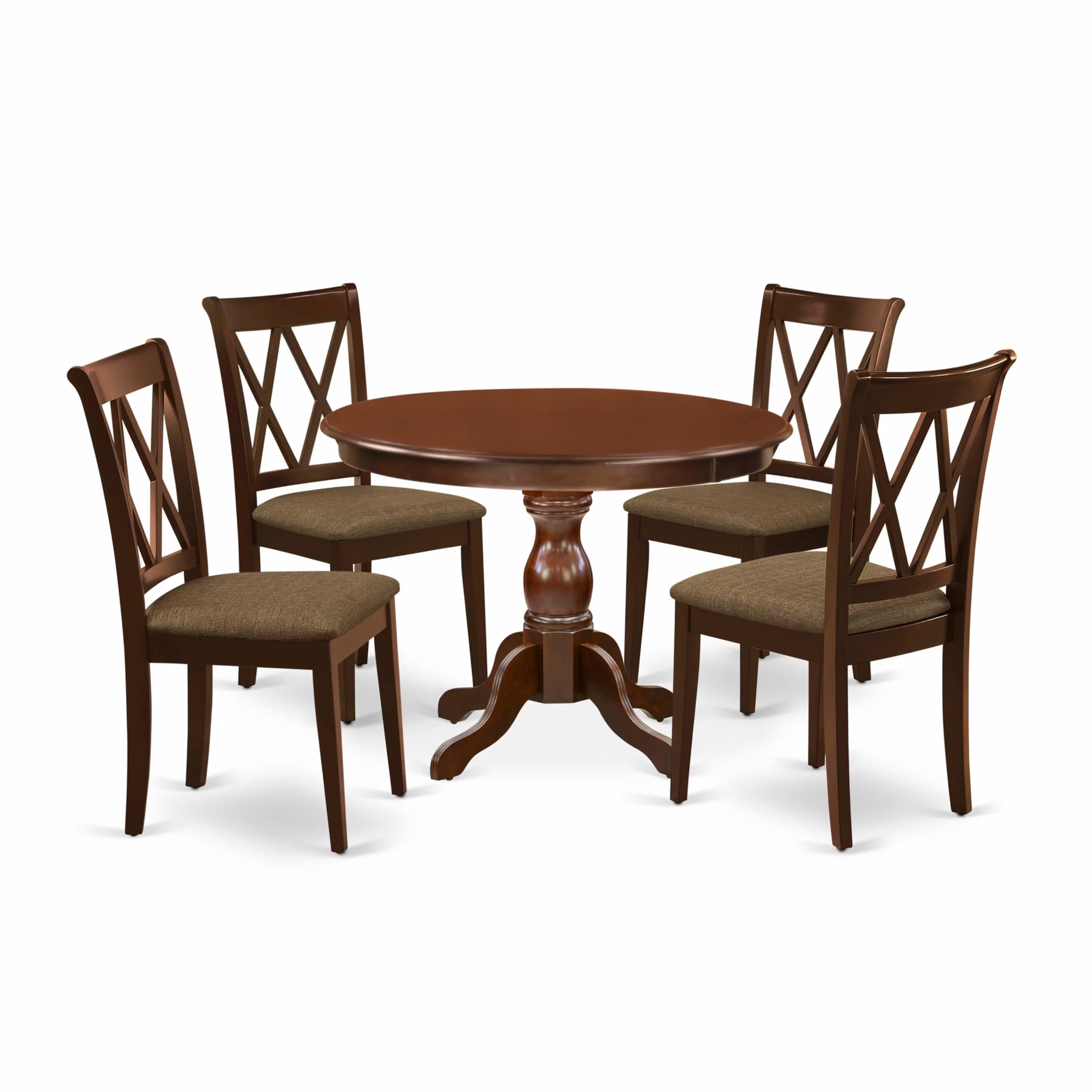 East West Furniture HBCL5-MAH-C 5 Piece Dining Room Table Set Includes a Round Kitchen Table with Pedestal and 4 Linen Fabric Upholstered Dining Chairs, 42x42 Inch, Mahogany
