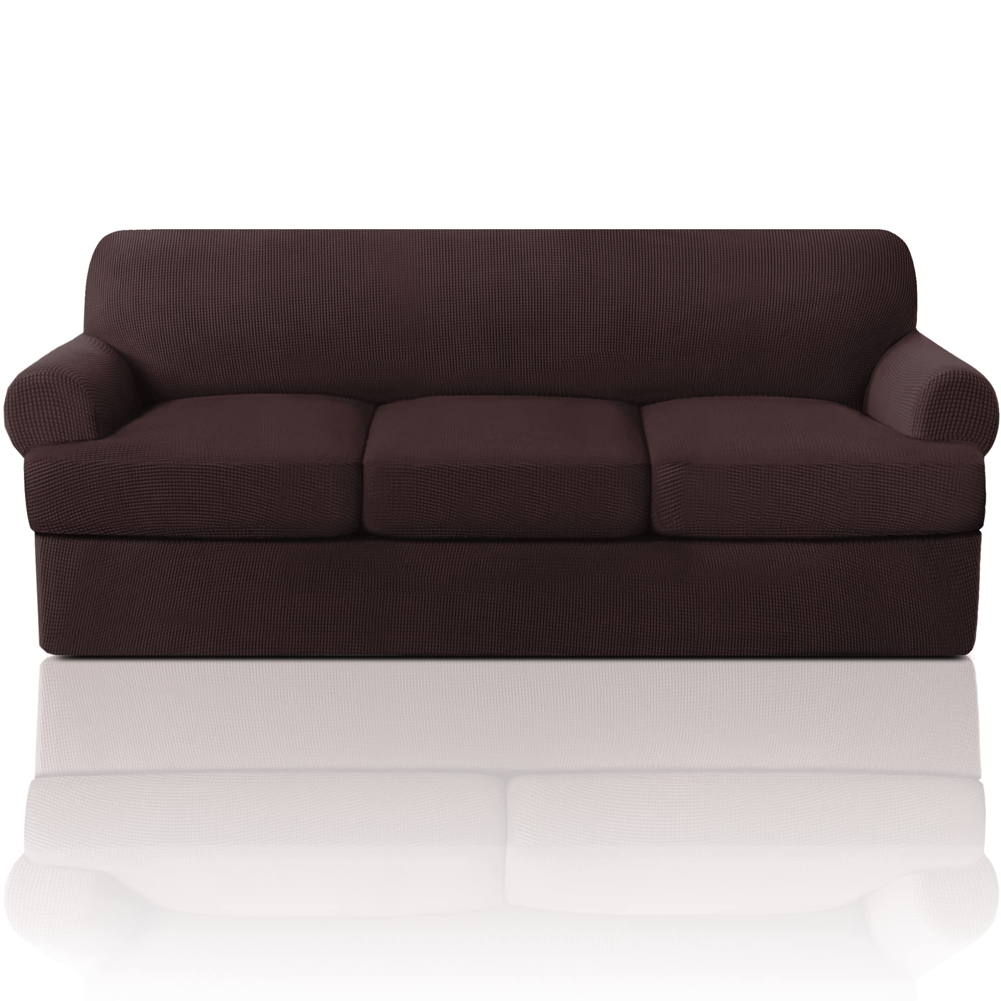 Princedeco T Cushion Sofa Slipcover 4 Pieces Sofa Covers For T Cushion Sofa Soft Couch Cover Sofa Slip Covers Furniture Covers With 3 Individual T Cushion Shape Seat Covers Machine Washable, Brown