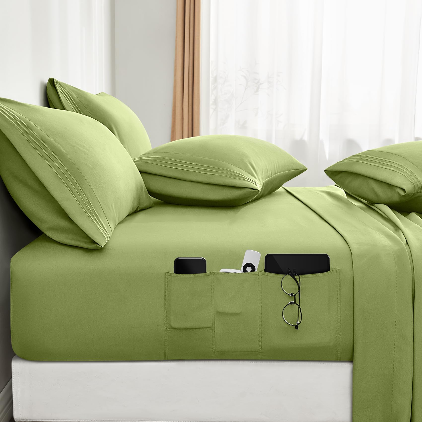 Bysure 6 Pieces Bed Sheets Set With Pockets On Side(Queen, Sage Green), Sweat-Wicking Breathable Sheets, 16-Inch Super Soft Hote