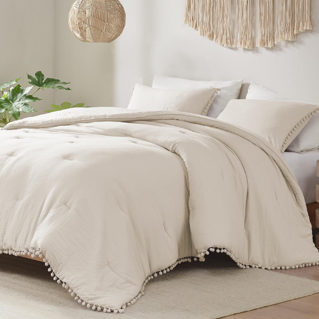 Codi Beige Comforter Set Queen - Boho Aesthetic Pom Fringe Bedding For Teen Girls, Cute Soft Washed Microfiber Taupe Bed Sets, L