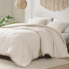 Codi Beige Comforter Set Queen - Boho Aesthetic Pom Fringe Bedding For Teen Girls, Cute Soft Washed Microfiber Taupe Bed Sets, L