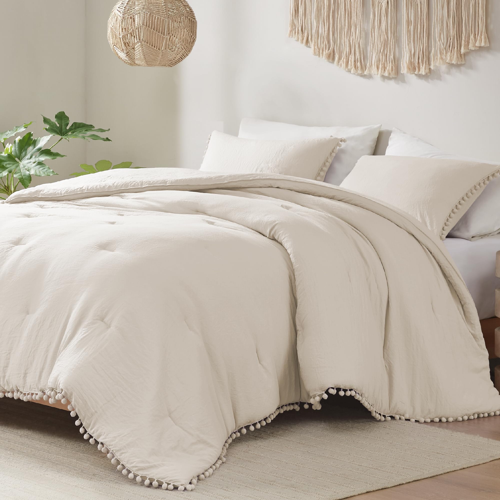 Codi Beige Comforter Set Queen - Boho Aesthetic Pom Fringe Bedding For Teen Girls, Cute Soft Washed Microfiber Taupe Bed Sets, L
