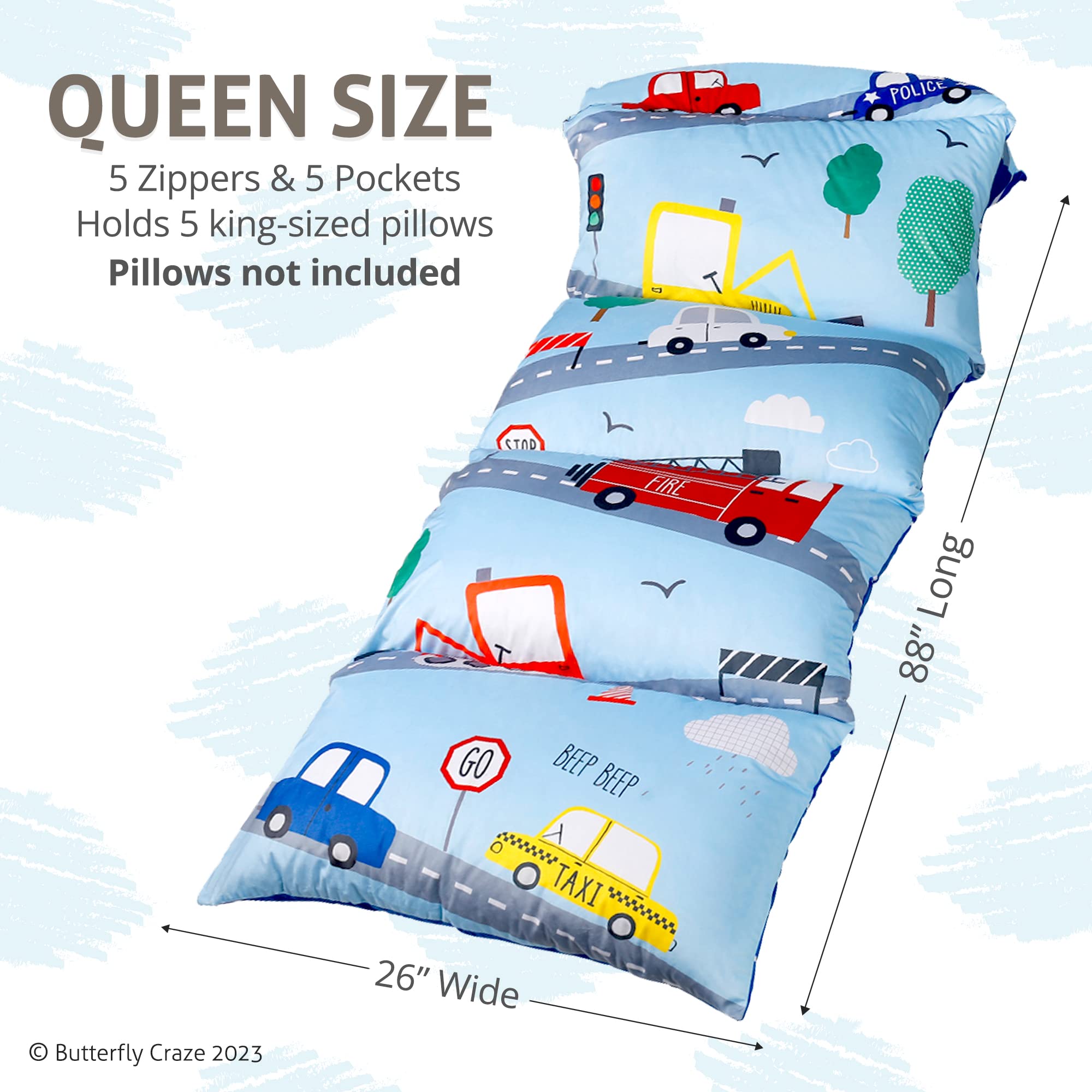 Butterfly Craze Floor Pillow Case, Mattress Bed Lounger Cover, Cars Blue, Queen Size - Cozy Seating Solution For Kids & Adults,