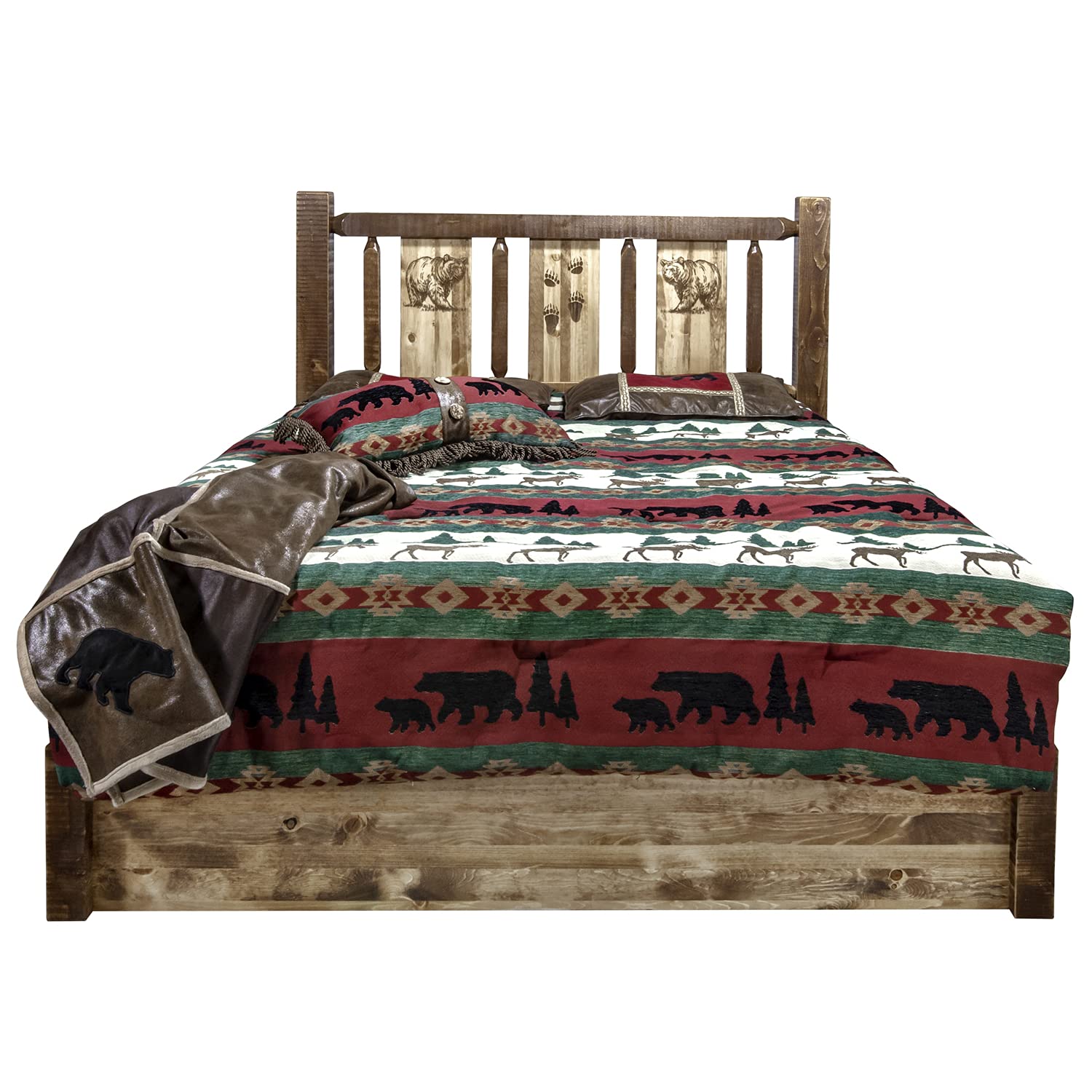 Montana Woodworks Homestead Collection Platform Bed w/Storage, Full w/Laser Engraved Bear Design, Stain & Clear Lacquer Finish