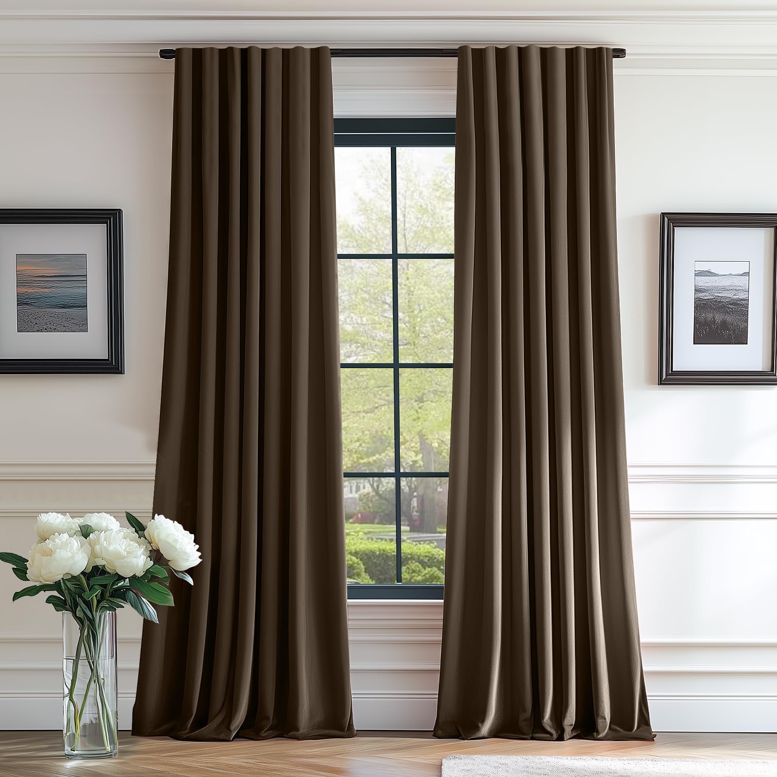 Lazzzy Brown Velvet Curtains Room Darkening Thermal Insulated Curtains 108 Inch Long Window Drapes For Bedroom Living Room Super Soft Luxury Rod Pocket Window Treatment, 2 Panels, Coffee