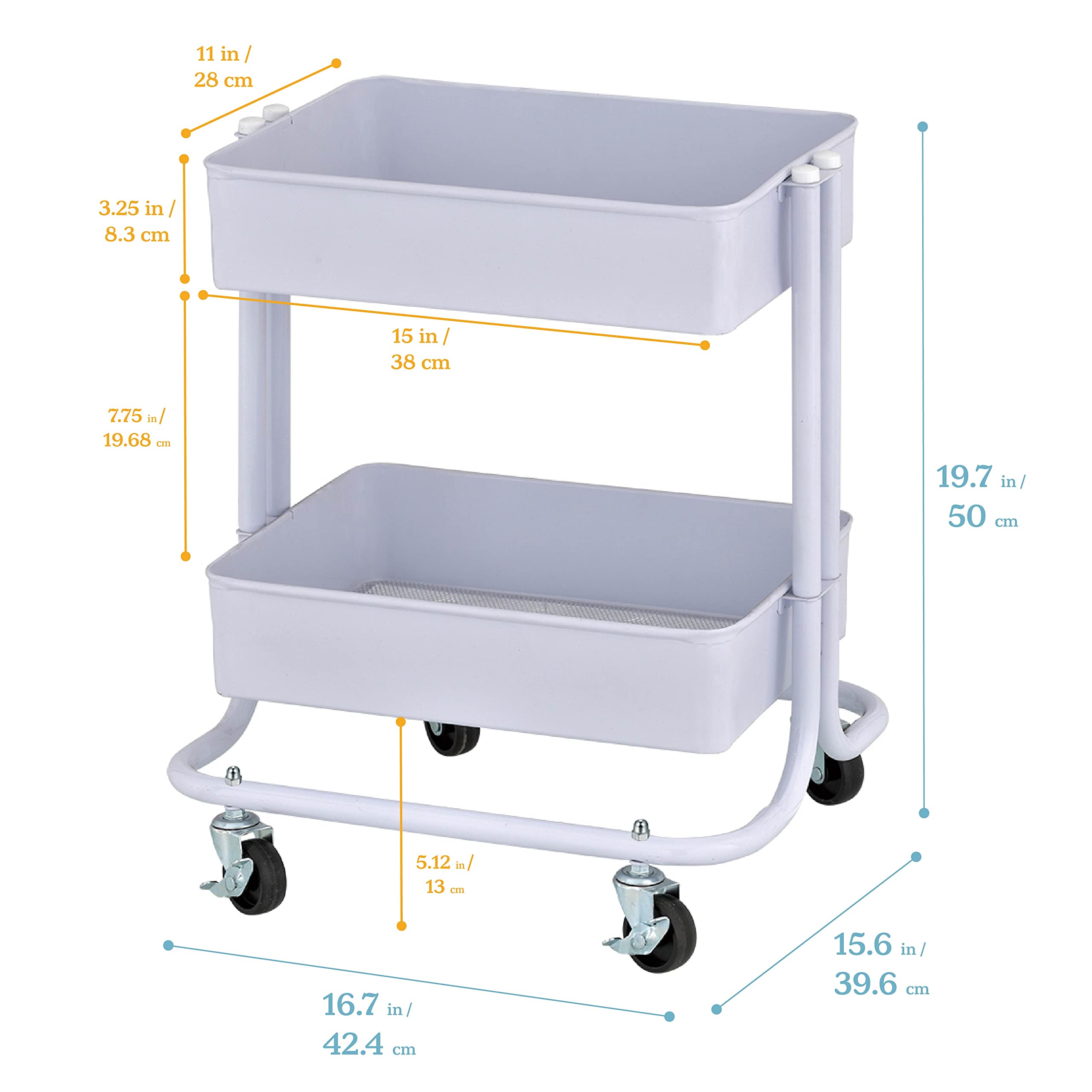 Ecr4Kids 2-Tier Metal Rolling Utility Cart - Under Desk Office Storage, Multipurpose Mobile Organizer, White