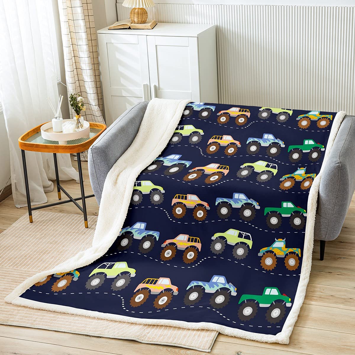 3D Monster Truck Fleece Throw Blanket Boys Cars Sherpa Blanket For Kids Girls Teens Freestyle Monster Truck Decor Fuzzy Blanket