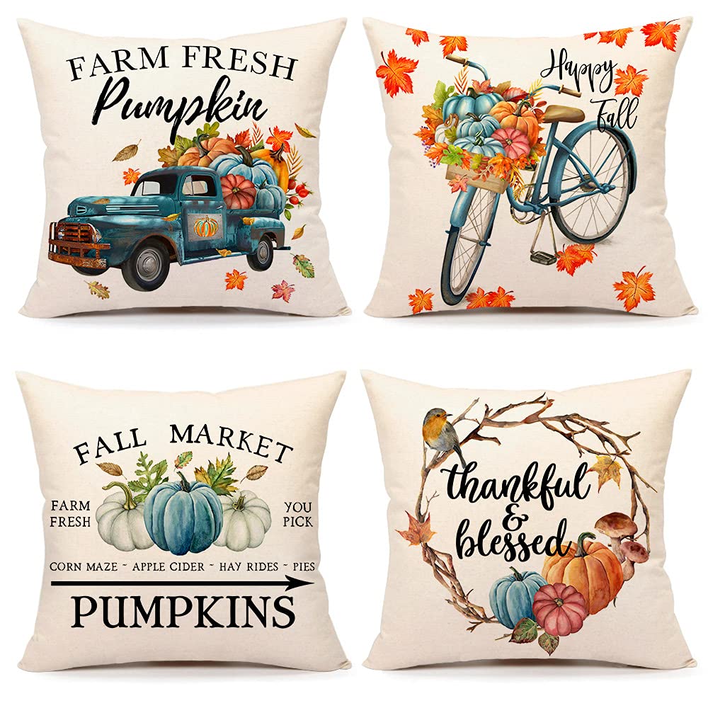 4Th Emotion Fall Decor Pillow Covers 18X18 Set Of 4 Thanksgiving Blue Pumpkin Farmhouse Decorations Thankful Blessed Farm Outdoo