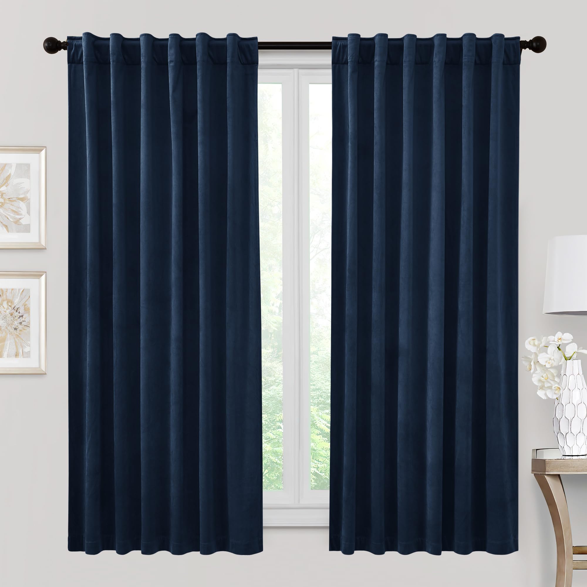 Ryb Home Velvet Curtains 63 Inches Length, Back Tab & Rod Pocket Soft Fabric Curtains & Drapes For Bedroom Bathroom Cafe, Navy Blue, W 42 X L 63, 2 Panels Set