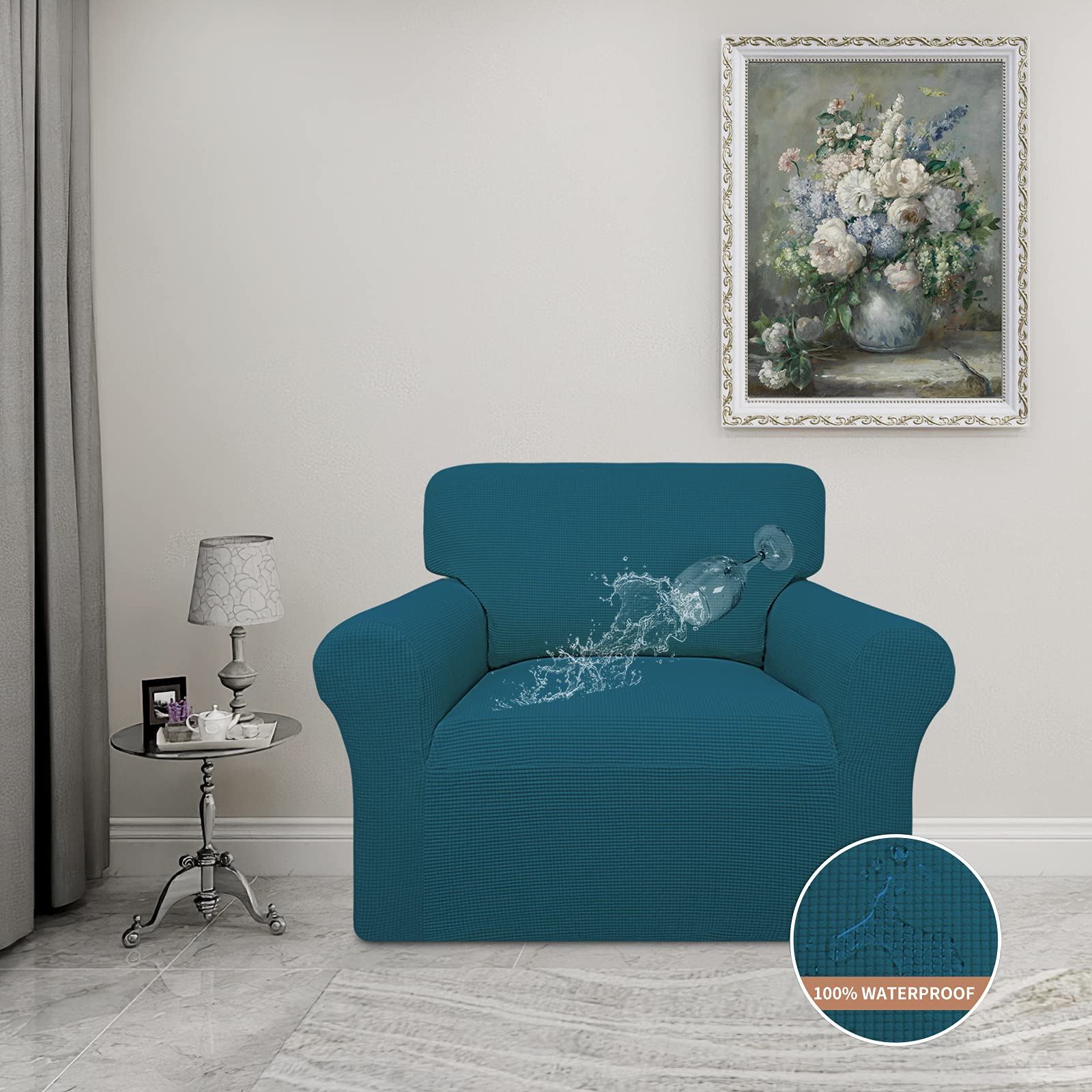 Easy-Going 100% Waterproof Chair Couch Cover, Dual Waterproof Sofa Cover, Stretch Jacquard Sofa Slipcover, Leakproof Furniture Protector For Kids, Pets, Dog And Cat (Chair, Peacock Blue)