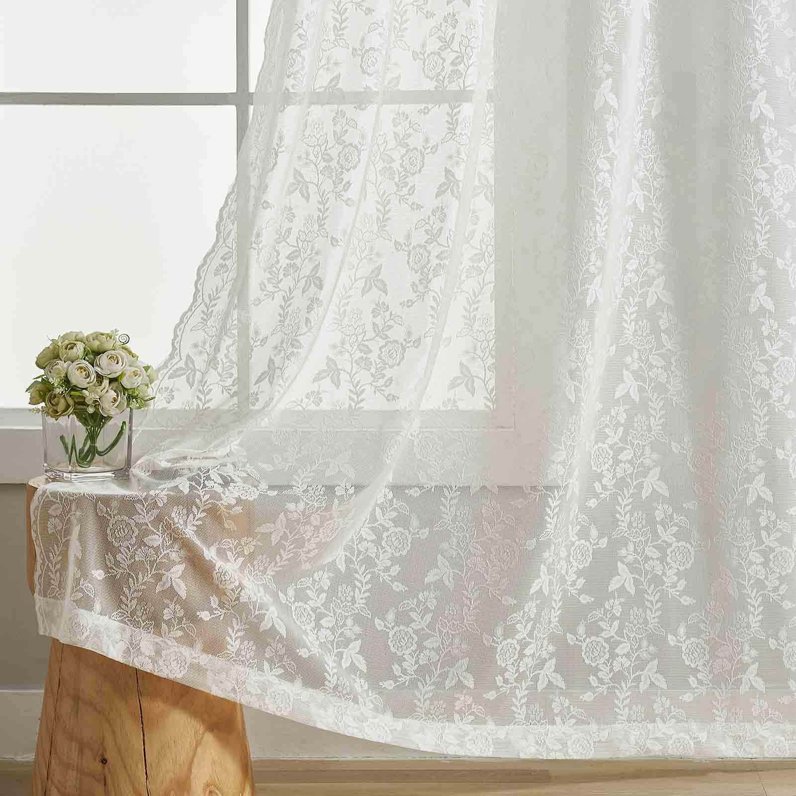 Finecity Short Lace Curtains 54 Inch Length - Country Rustic Branch Floral Pattern Lace Sheer Curtains 2 Panels Set, Privacy Sca