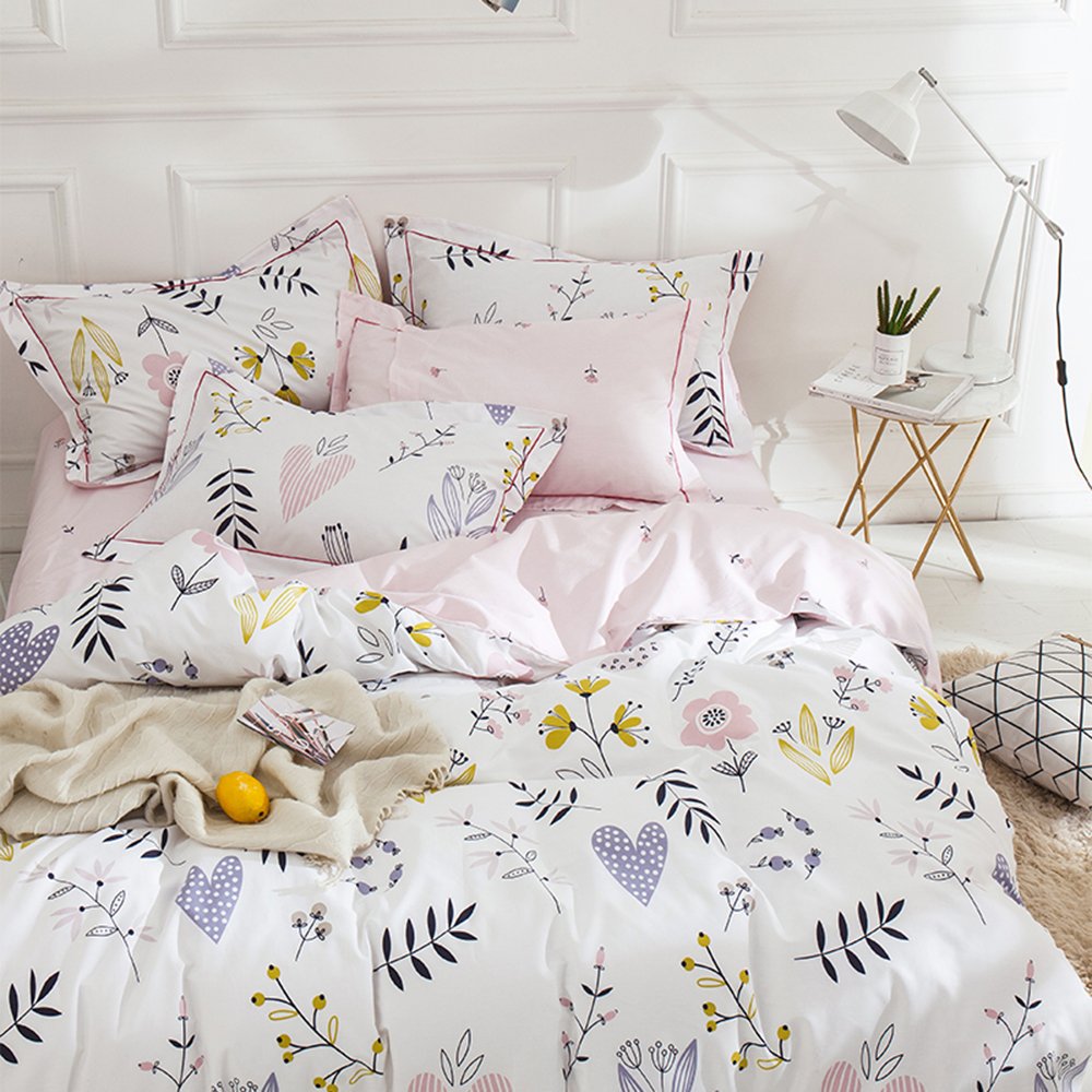Girls Floral Duvet Cover Twin Boho Floral Aesthetic Bedding Sets Twin White Pink Cotton Kids Teens Flower Comforter Cover Floral