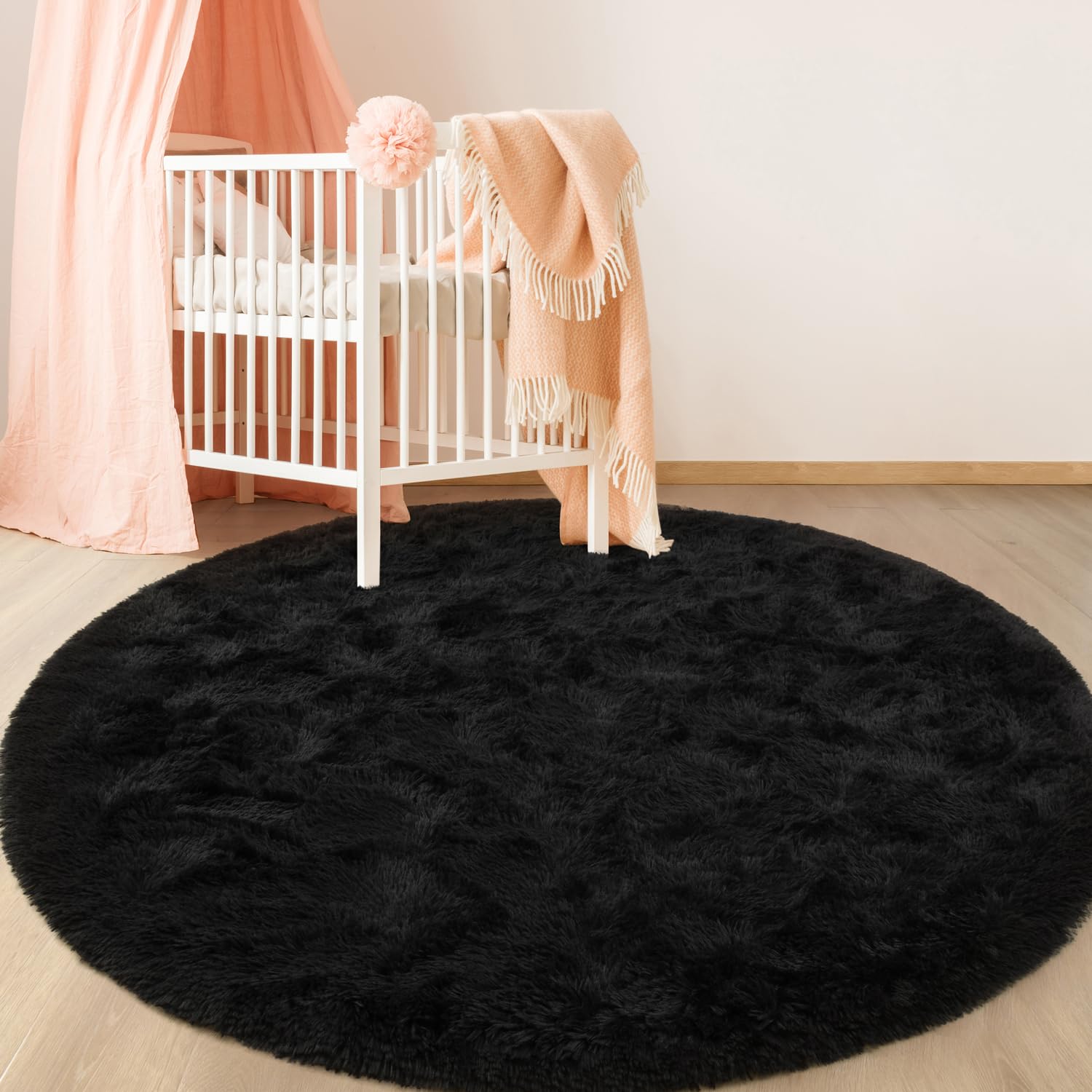 EVOIONOS Black Round Rug for Bedroom, Fluffy Circle Rug for Kids Room, 5x5 Feet Plush Area Rug for bedroom, Soft Fuzzy Circular 