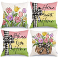 Geeory Spring Summer Throw Pillow Covers 18X18 Inch Set Of 4, Floral Tulips Striped Bow Home Sweet Home Bless Our Home Farmhouse