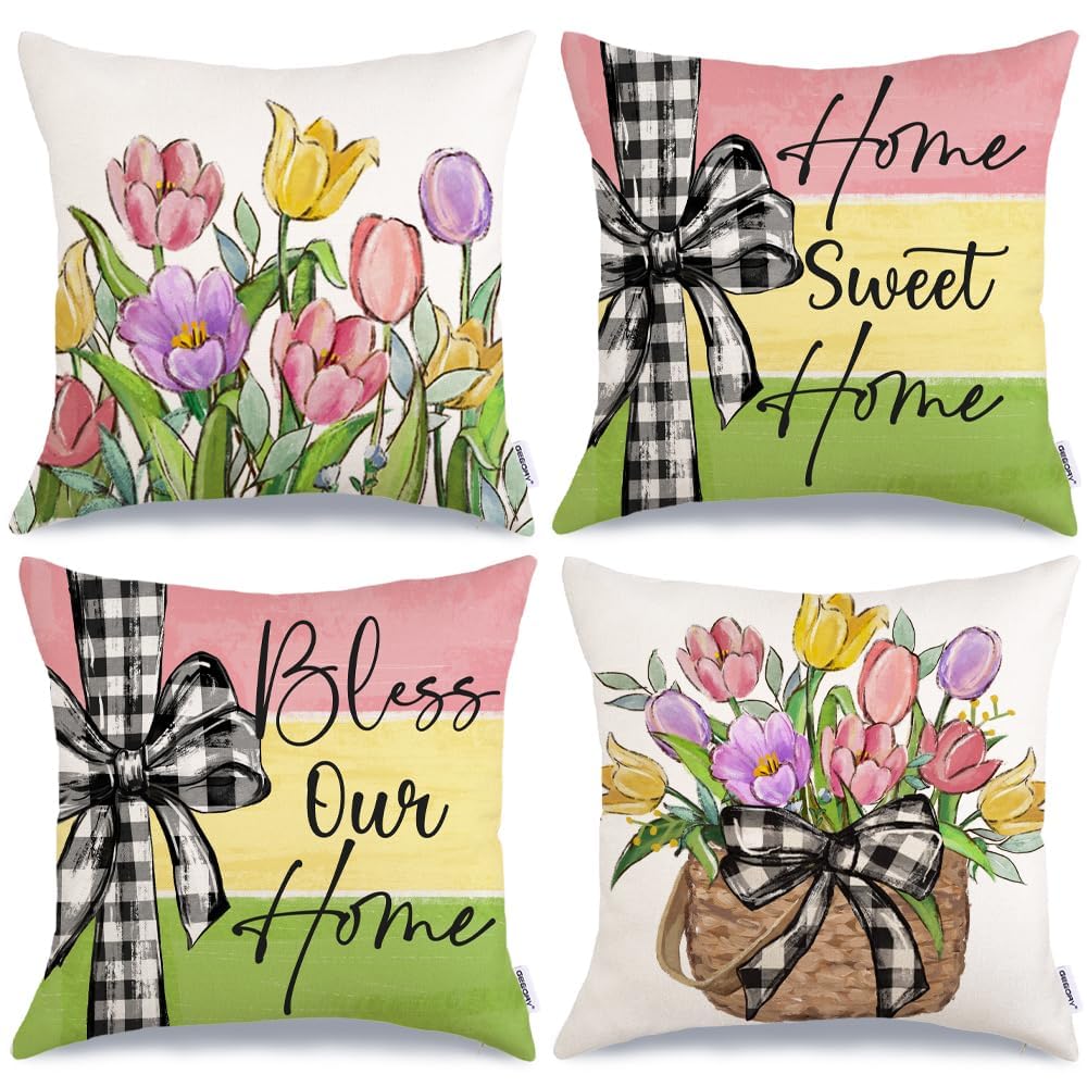 Geeory Spring Summer Throw Pillow Covers 18X18 Inch Set Of 4, Floral Tulips Striped Bow Home Sweet Home Bless Our Home Farmhouse