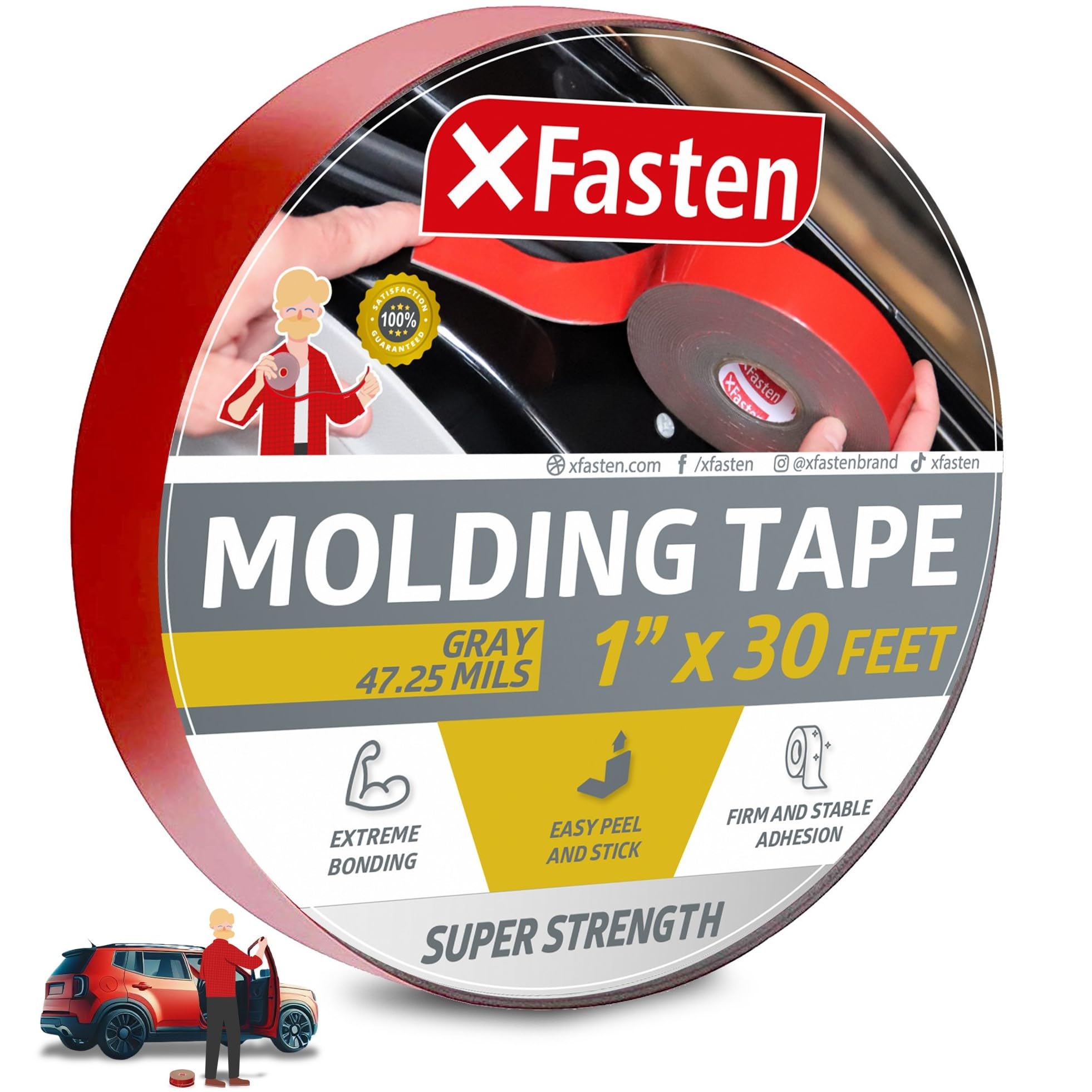 Xfasten Super Strength Automotive Molding Tape, Gray, 1-Inch X 30-Foot, Double Sided Exterior Mounting Tape For Auto Body Moldin