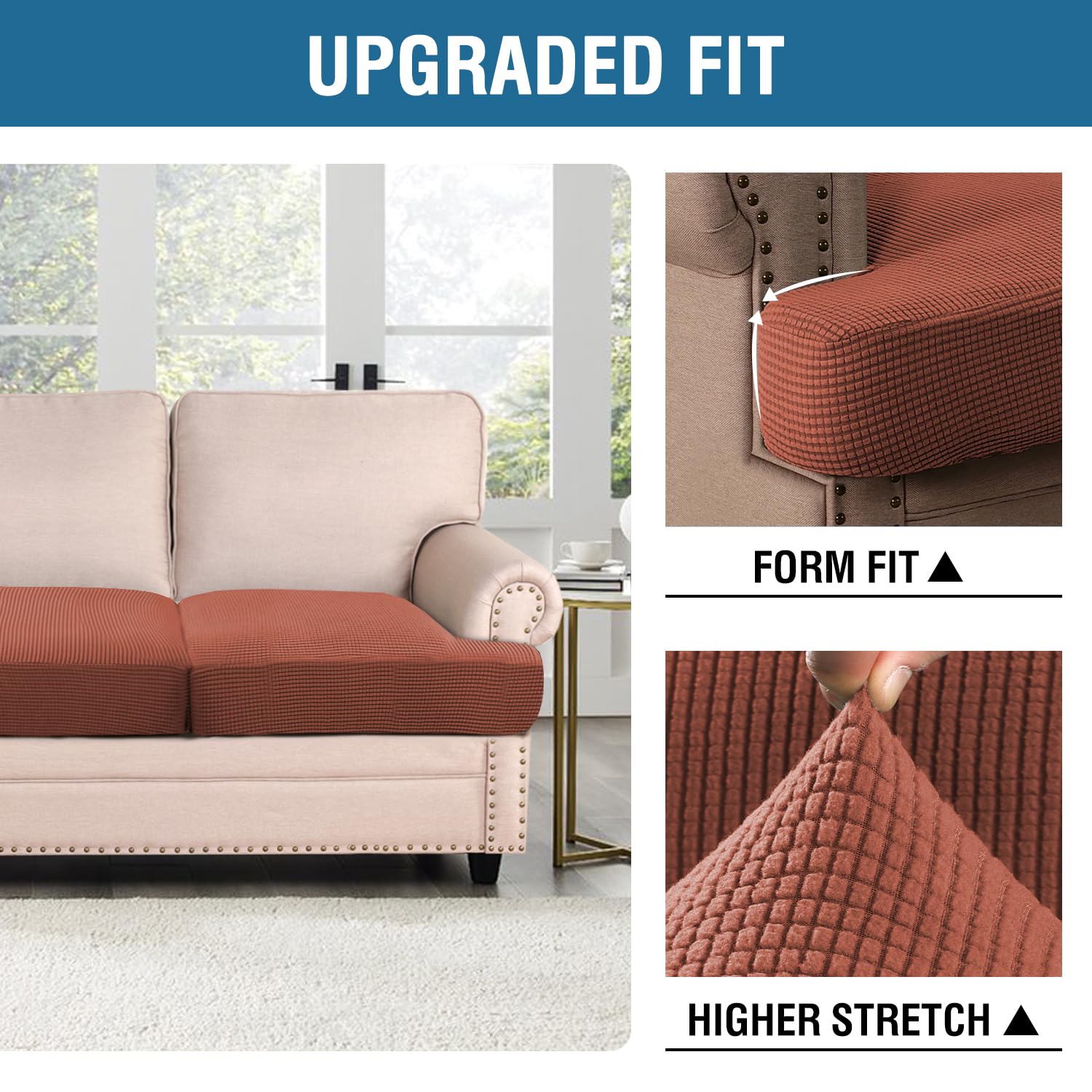 H.Versailtex Stretch 2 Piece T Cushion Sofa Slipcovers Individually Sofa Cushion Covers For 2 Cushion Couch Sofa Seat Cushion Covers With Elastic Bands Featuring Thicker Jacquard Fabric, Rust