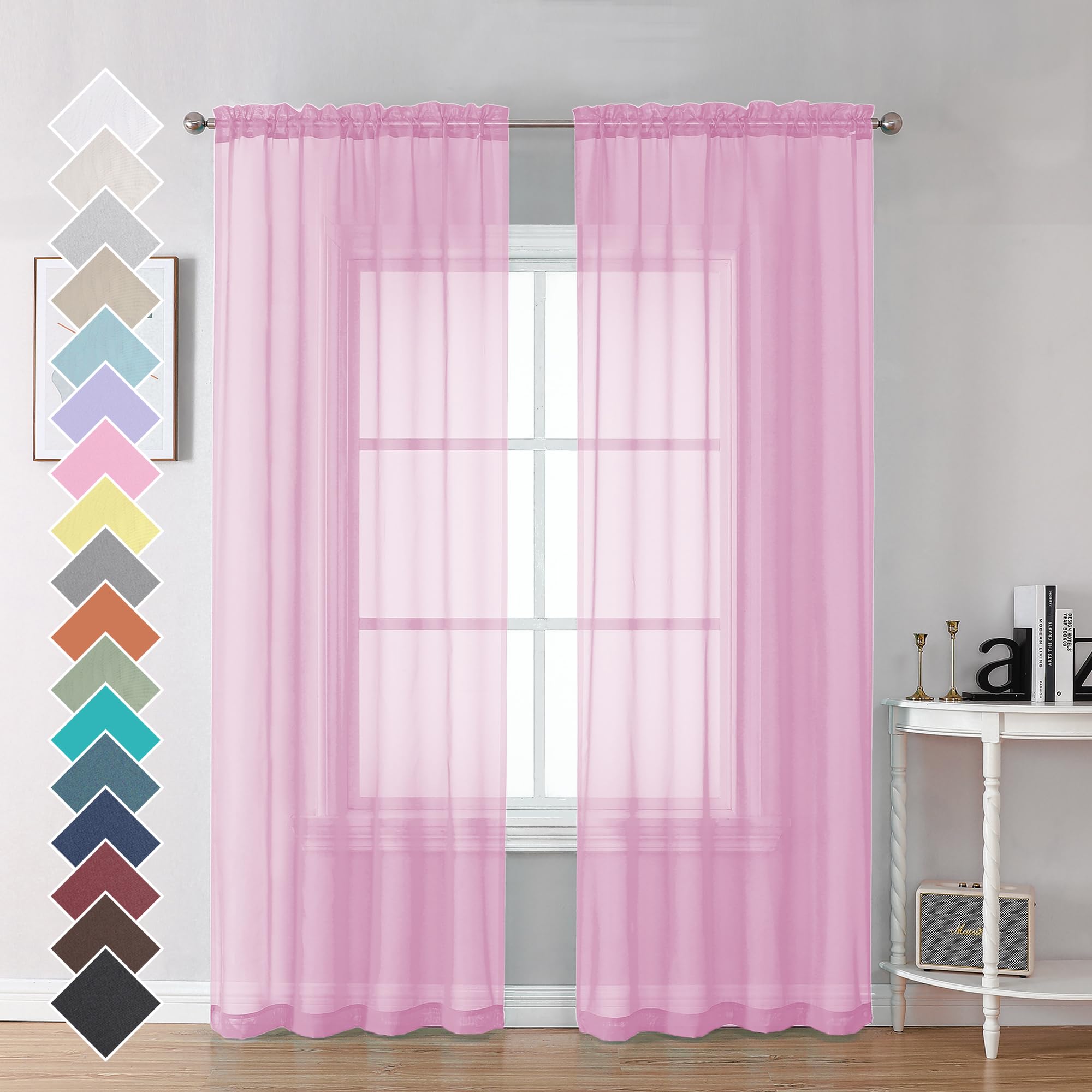 Ovzme Sheer Window Curtains 96 Inch Length 2 Pcs, Rod Pocket Voile Drapes For Bedroom Living Room, Semi Sheer Curtain Panels For